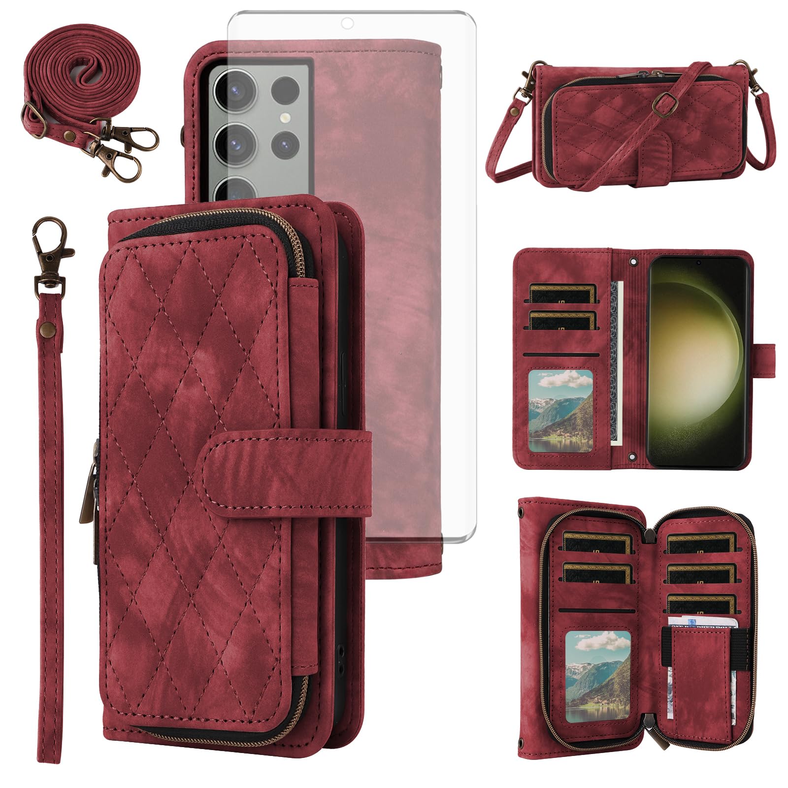 Phone Case for Samsung Galaxy S23 Ultra 5G Wallet Cell Cover with Tempered Glass Screen Protector Crossbody Lanyard Strap Flip Zipper Purse Card