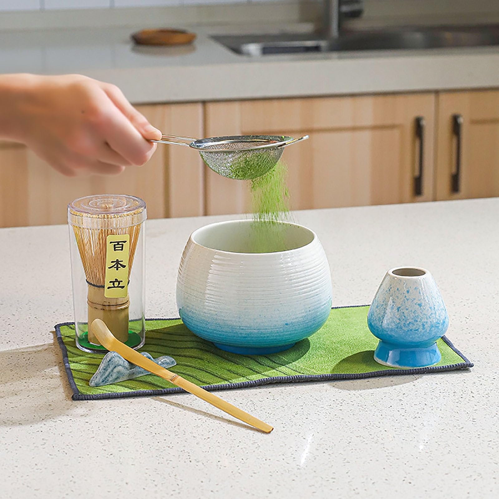 Kit Complet De Cérémonie De Thé Matcha 7 Pièces Complet Matcha Kit 7 Pièces, Bol Bec Verseur, Bambou Fouet, Support, Cuillère, Tamis INOX Et Accessoires - Idéal Cadeau(A)