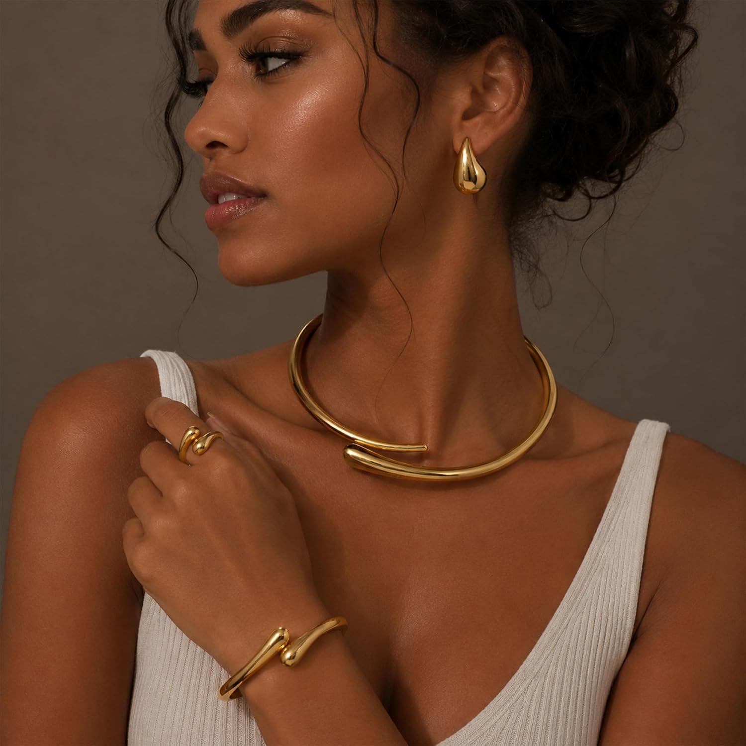 4 Pcs Gold Jewelry Set for Women, 18K Gold Plated Teardrop Necklace, Matching Drop Earrings, Cuff Bracelet and Ring Set, Chunky Dressy Accessories for Party, Wedding Guest, Vacation and Special Occasions