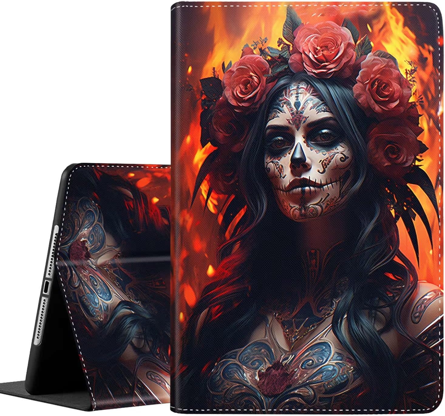 Case for iPad 10.2 Case 2021 iPad 9th Gen / 2020 iPad 8th Gen / 2019 iPad 7th Gen, Durable Shockproof Protective Cover for 10.2"，Roses and Sugar Skull Girl