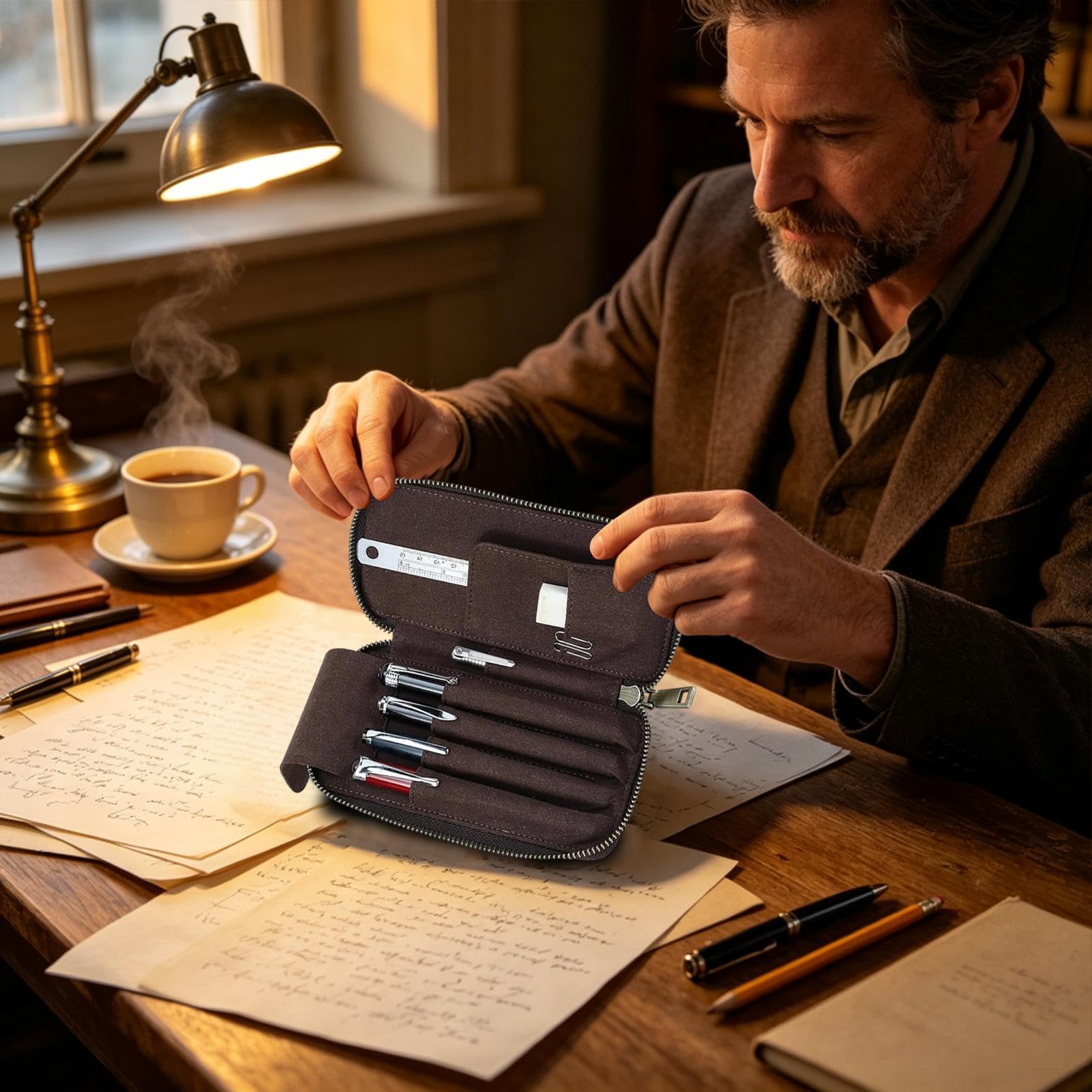 Astuccio per penna in pelle, borsa da ufficio con 5 scomparti | 9 x 3 x 18 cm, astuccio per penna stilografica, vintage e affascinante, organizer per matite con diversi scomparti per gomme