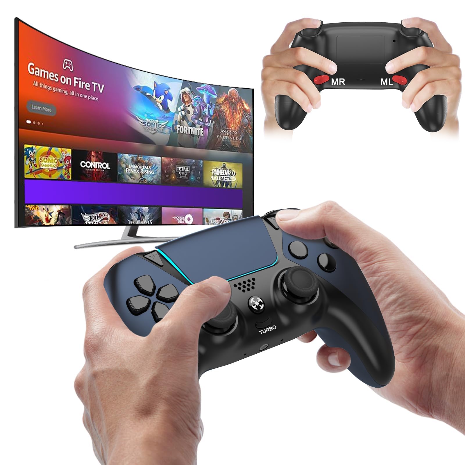 Manette Luna avec palettes arrière, turbo, manettes de jeu Fire TV sans fil pour PC, GeForce NOW, Firestick, remplacement pour manette de jeu Luna avec joystick ALPS, pas de Drift, bleu