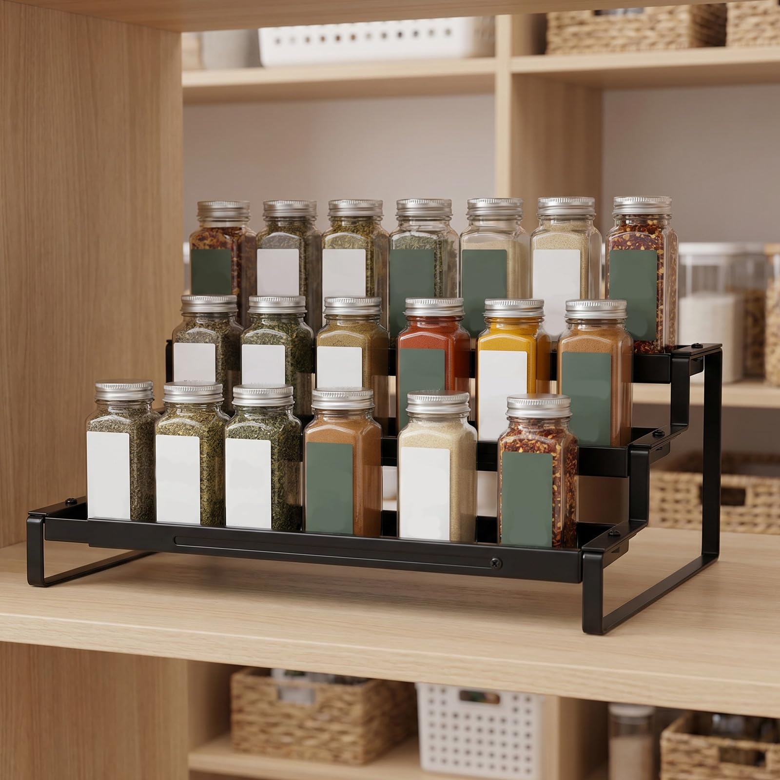 Portaspezie Estensibile in Acciaio al Carbonio Nero a 3 Livelli Facile da Pulire Design Moderno e Raffinato Organizzatore per Cucina e Dispensa