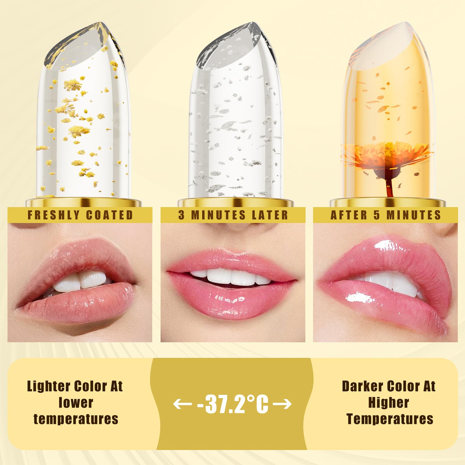 3 pièces Crystal Flower Jelly Lip Stick Set, rouge à lèvres floral clair, Magic Temperature Color Changing Lip Gloss Long Lasting Clear Nourishing Hydratant Baume à lèvres (# 1 + # 2 + # 3)
