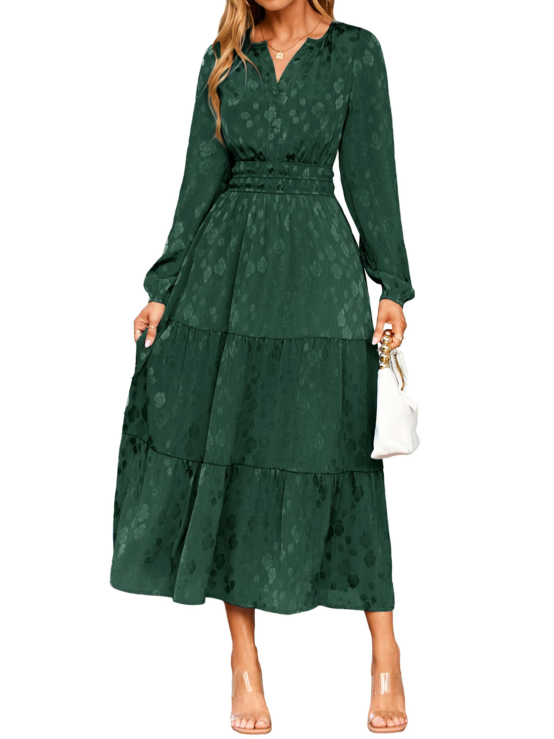 Simplee Womens Casual Long Sleeve Dress Fall Elegant Wedding Guest V-Neck Maxi Floral Dresses 2025 Trendy