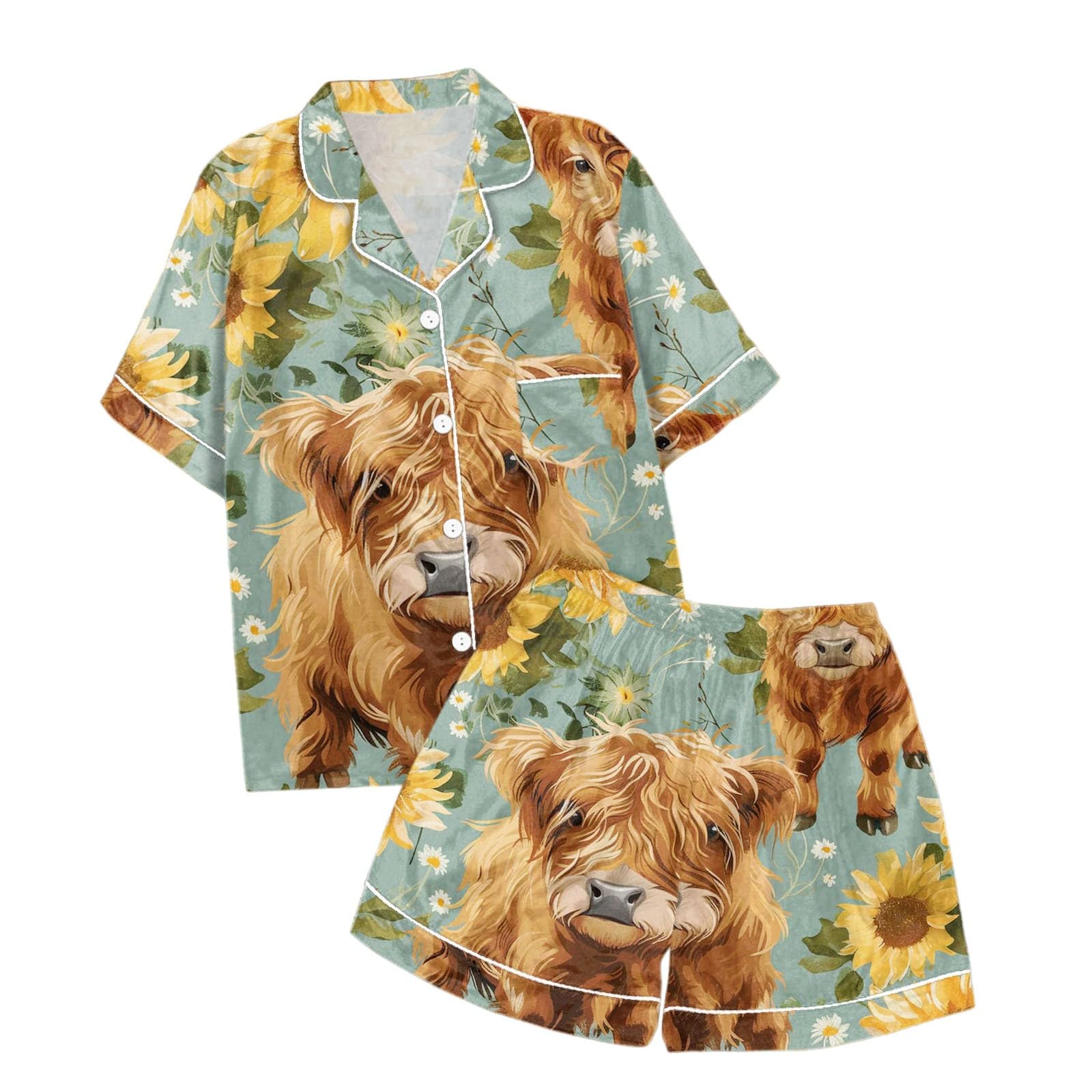 Generisch Lujosa ropa de salón con estampado floral, camiseta de manga corta con botones y pantalones cortos con cintura elástica, pijama de satén suave para dormir y relajarse cómodamente en casa