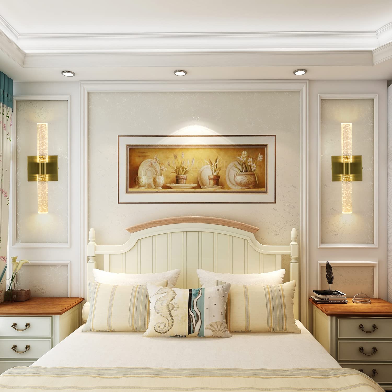 Rizzyluz Gold Wall Sconces Set of Two Crystal LED Bathroom Vanity Light Fixtures 2 Pack Modern Crystal Sconces Wall Mounted Lighting for Bedroom Living Room Bathroom