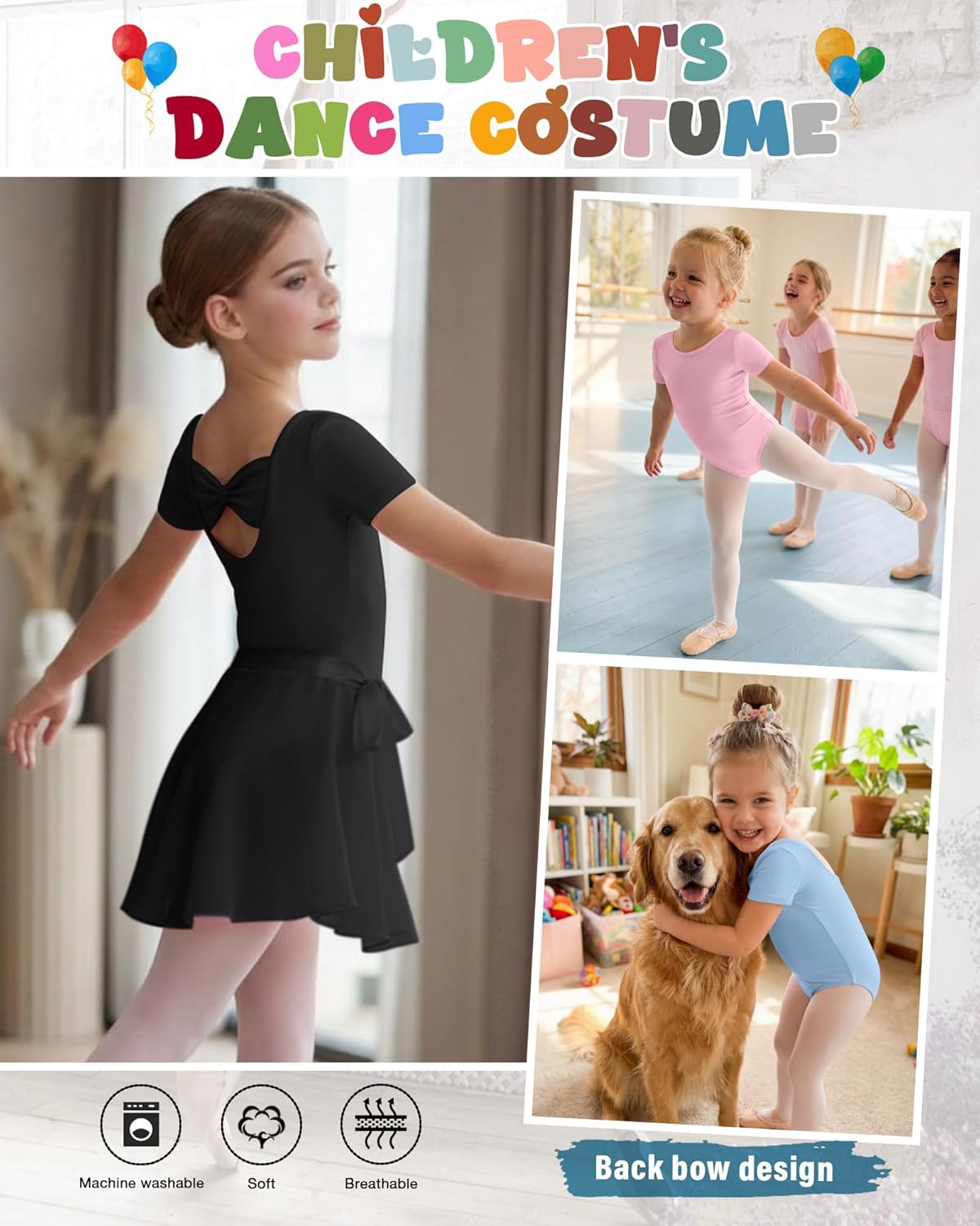 3 Pack Girls Ballet Leotard Short Sleeve Toddler Dance Leotard Dresses Kids Slim Gymnastics Outfits with Bow Back