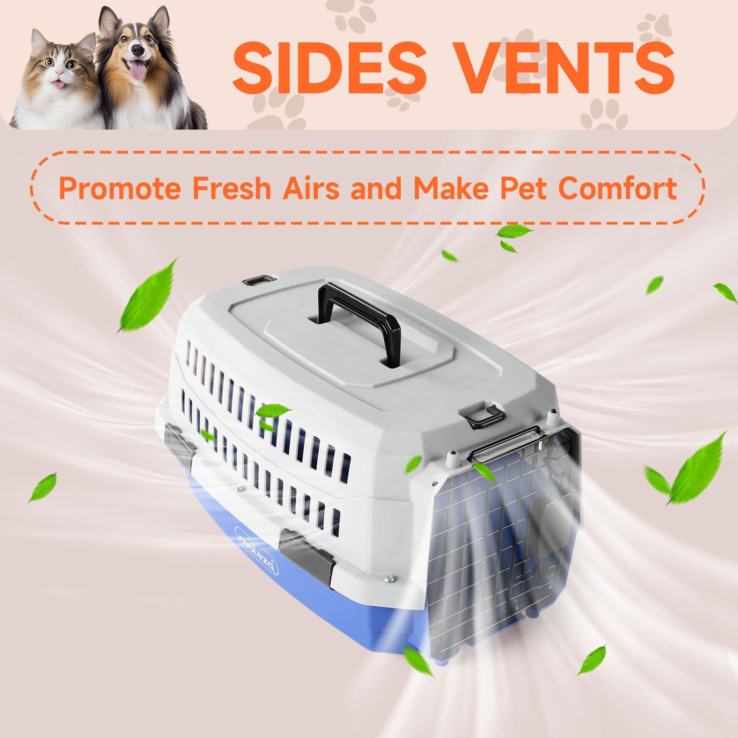 Nobleza Transportín para Gatos y Perros Mediano - Transportín de Plástico Portátil y Transpirable， Certificado para Viajes en Avión， 58x38.7x33 cm， Azul & Gris