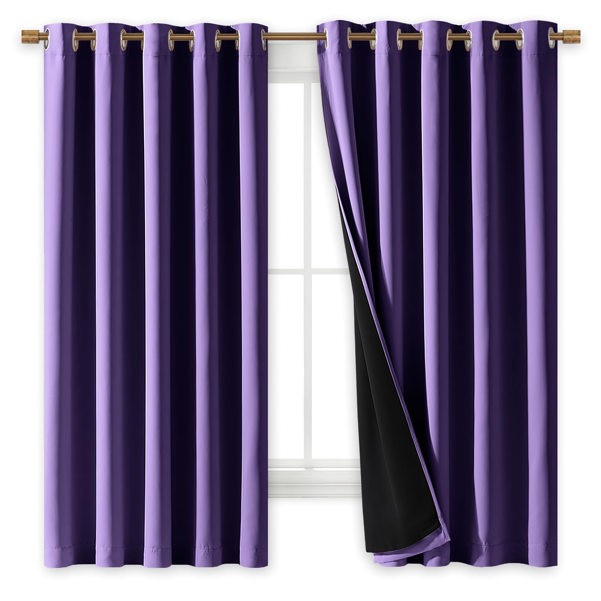 NICETOWN 100% Blackout Curtains with Black Liners, Thermal Insulated Full Blackout 2-Layer Lined Drapes, Energy Efficiency Window Draperies for Bedroom (Lilac Purple, 2 Panels, 70-inch W by 63-inch L)
