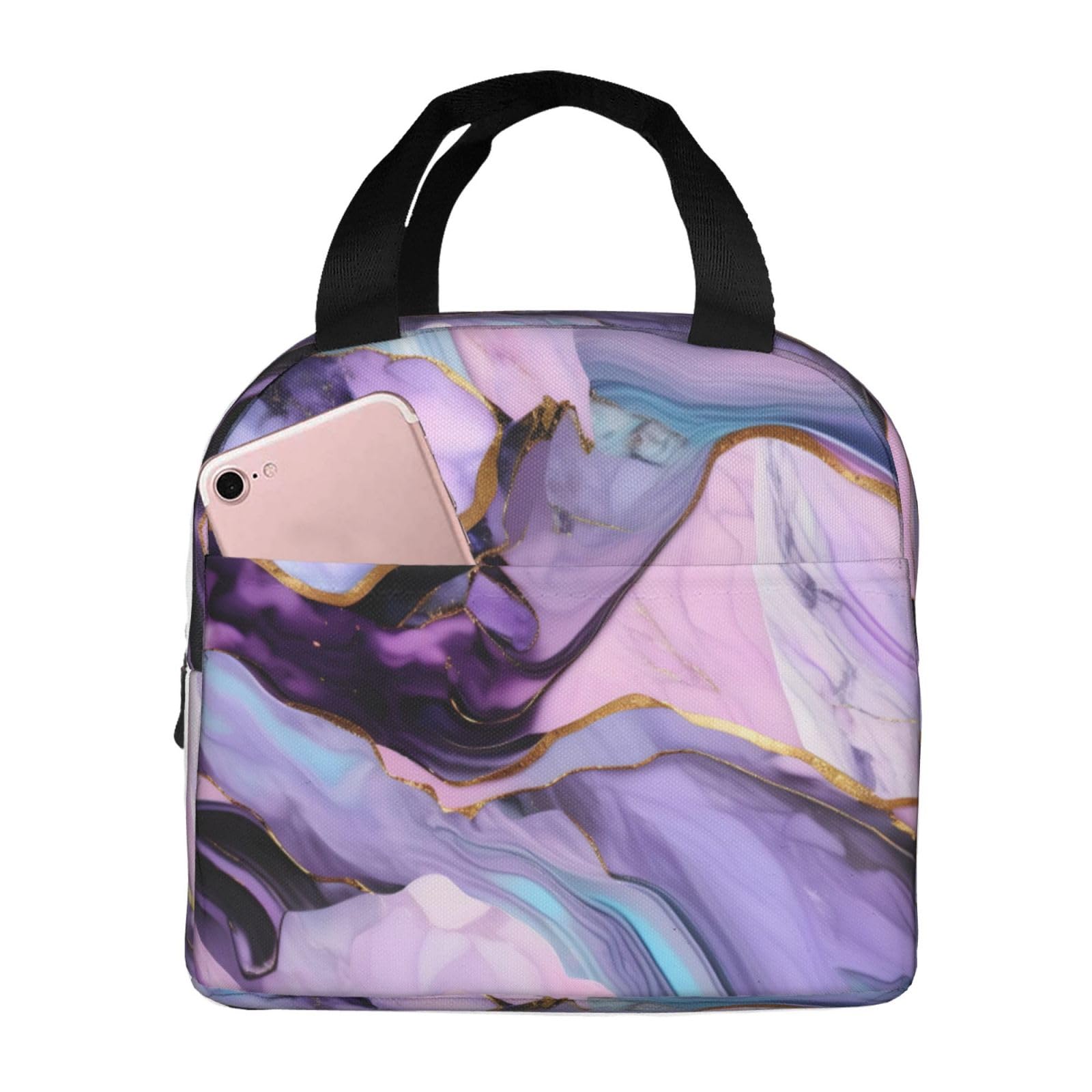 Toiyugd Colorful Marble Pastel Pink Blue Purple Lunch Bag for Women Men, Leakproof Reusable Lunch Box,Lunch Cooler Tote for Office Outdoor Picnic