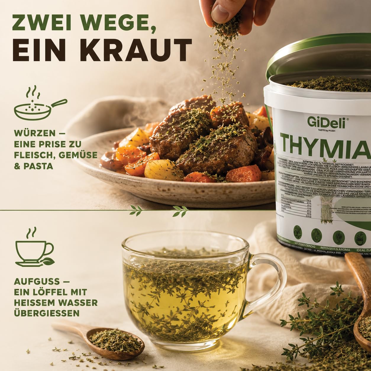 GiDeli Thymian Getrocknet 10kg im Eimer- 100% Naturprodukt ohne Zusätze - Schonend Gerebelt mit Intensivem Aroma - Hitzebeständig zum Mitkochen- Ideal für Fleisch, Pizza, Suppen & Mediterrane Gerichte