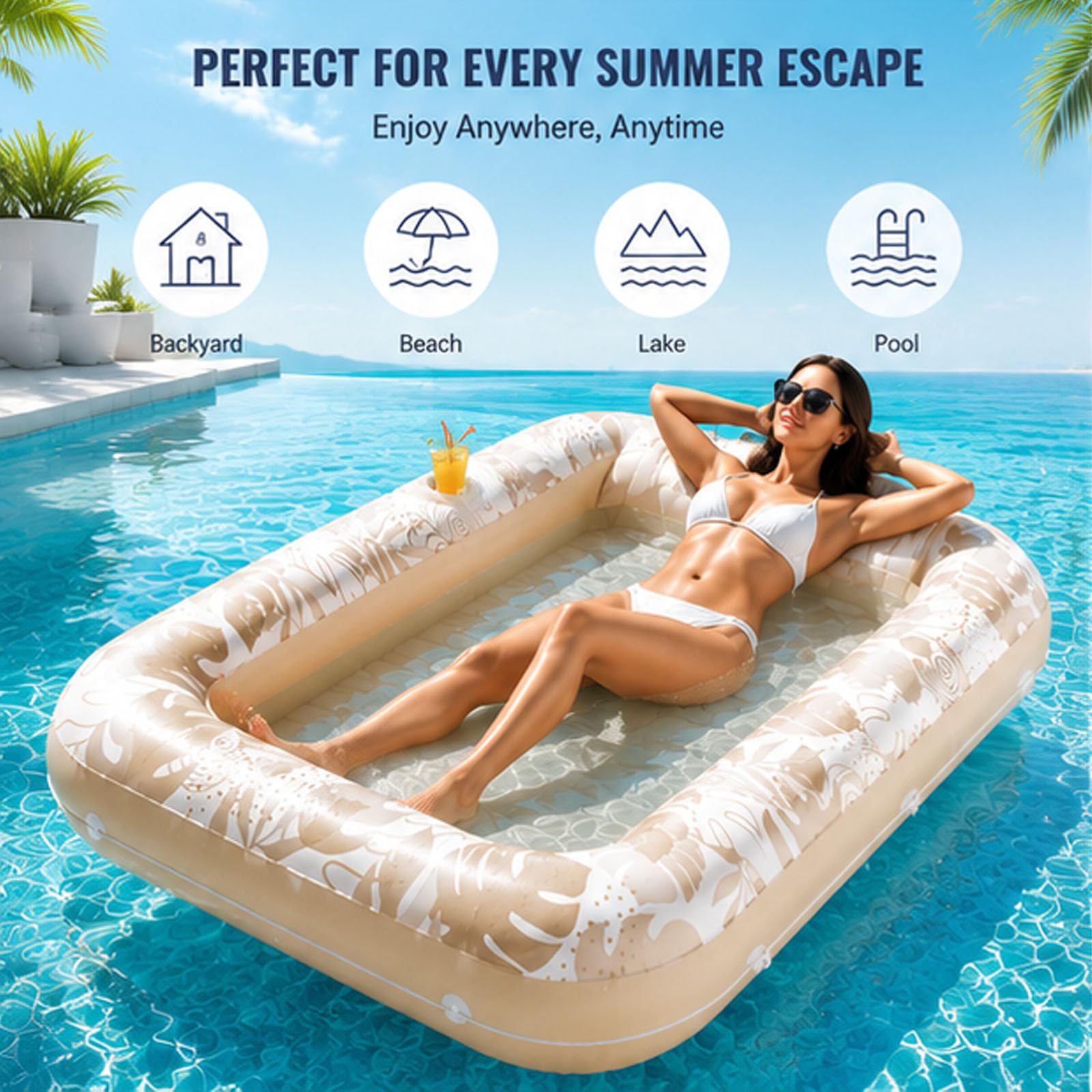 Aufblasbarer Sonnenbank-Pool-Liegefloat mit Getränkehalter und Luftpumpe
