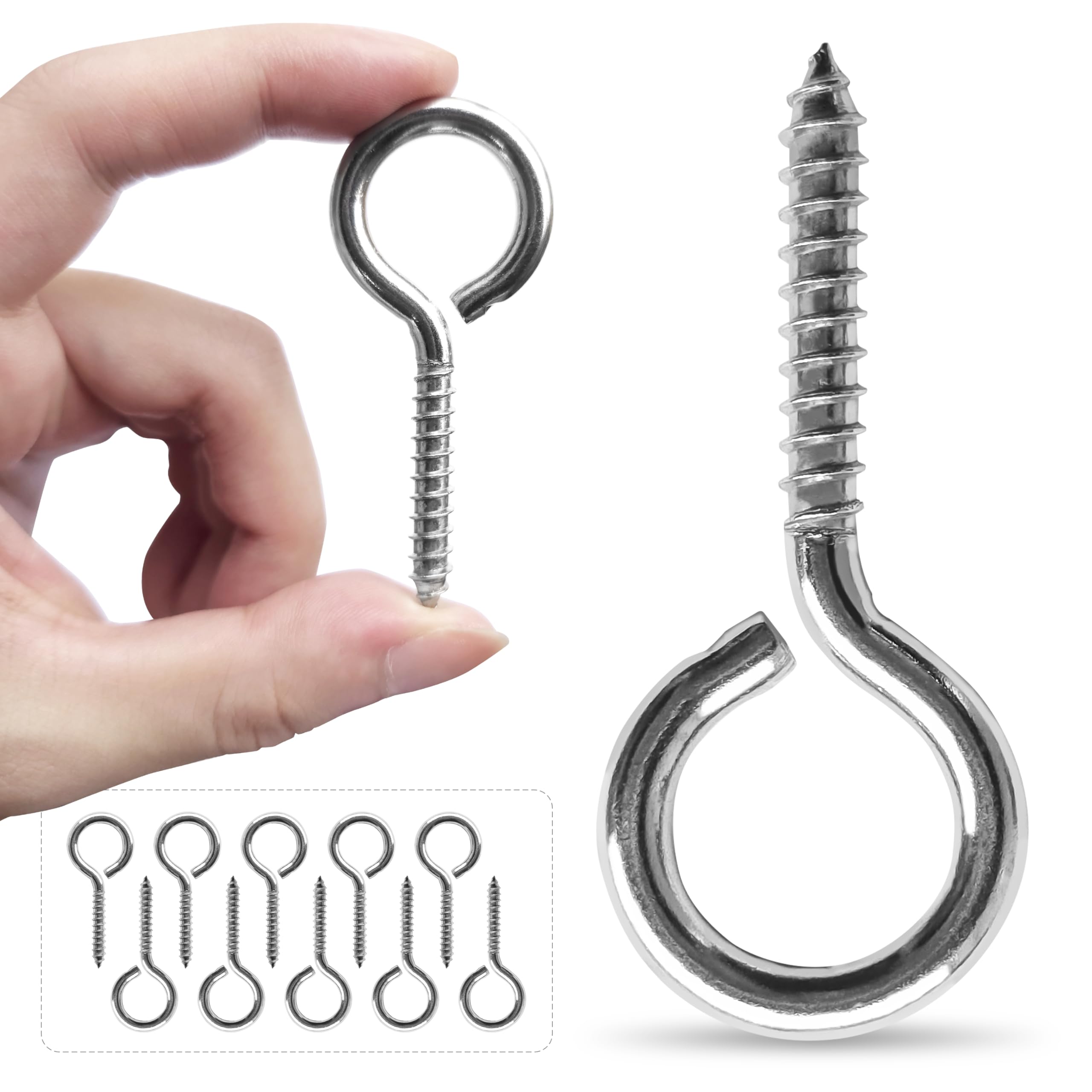 M5 10 Pcs 304 Stainless Steel Screws Eye,2.56 Inch Screw Self Tapping Eye,Load Bearing 200LB, Duty Eye Bolt for Wood Securing Cables Wire,Indoor &