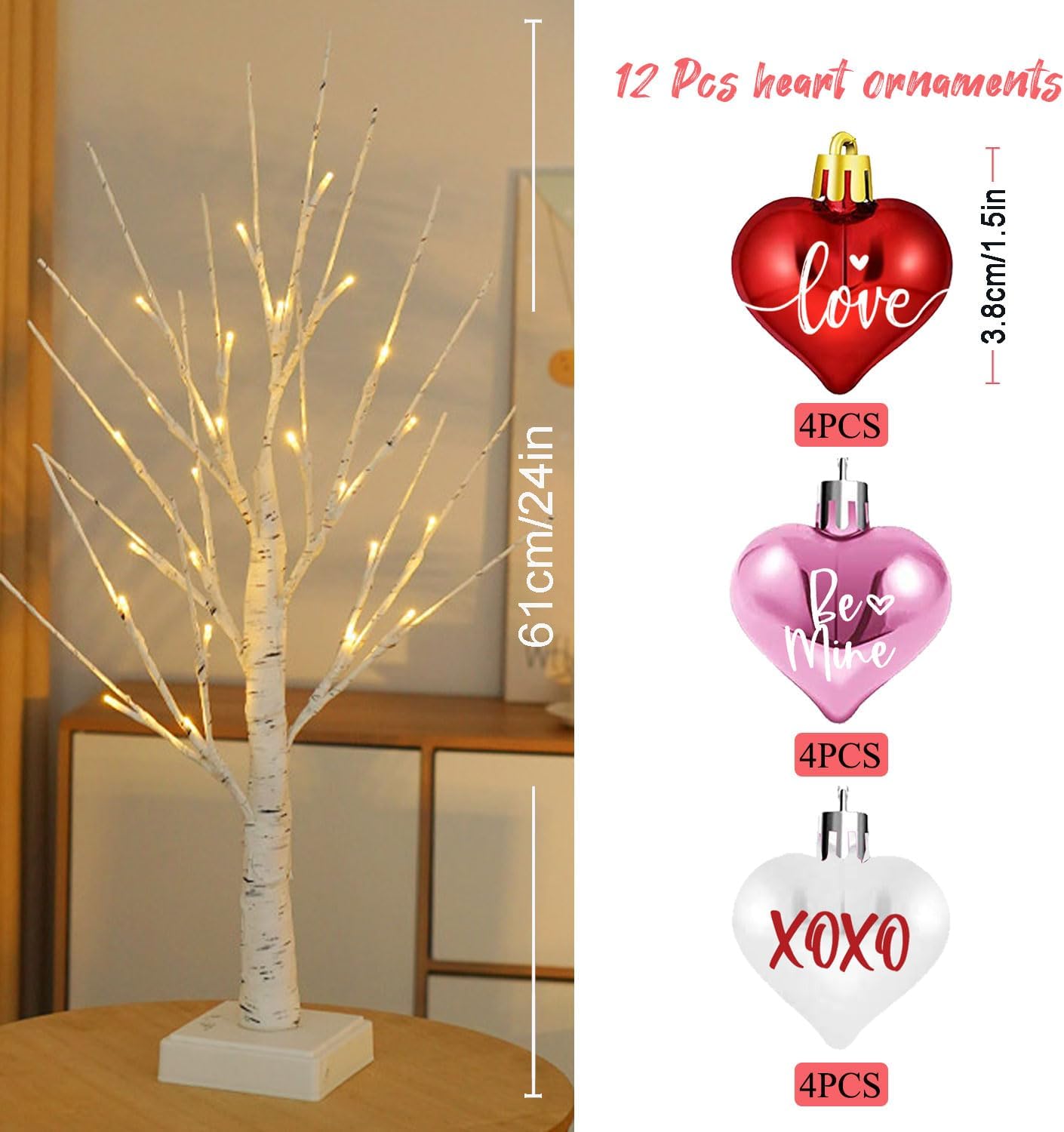 Valentine's Lighted Birch Tree Centerpiece - 24 Inch with 12 Heart Ornaments for Office, Home, Mantel & Desk Decor