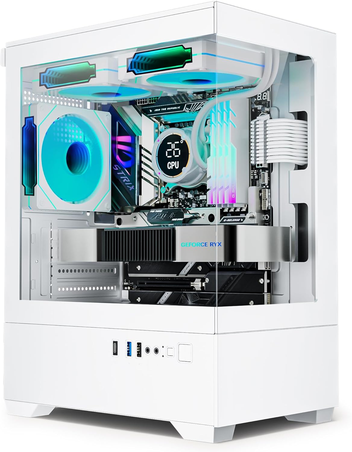 micro atx pc case, gaming matx pc case with 3 pwm argb fans pre-installed, type-c full-view dual tempered glass, cpmputer case white