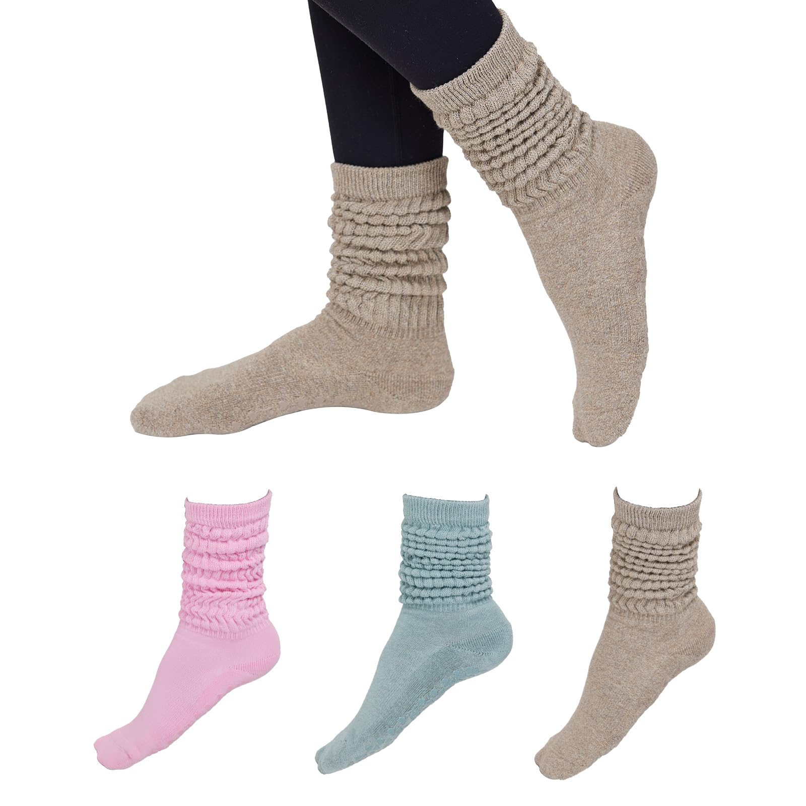 3 Pairs Grip Pilates Yoga Socks for Women Non-Slip Slouch Scrunch Socks for Barre Home Studio Hospital Workout