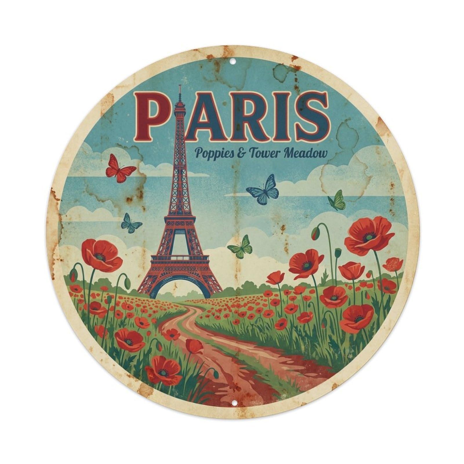 Poppies Tower Meadow Heritage City Paris Travel Retro Metal Tin Sign