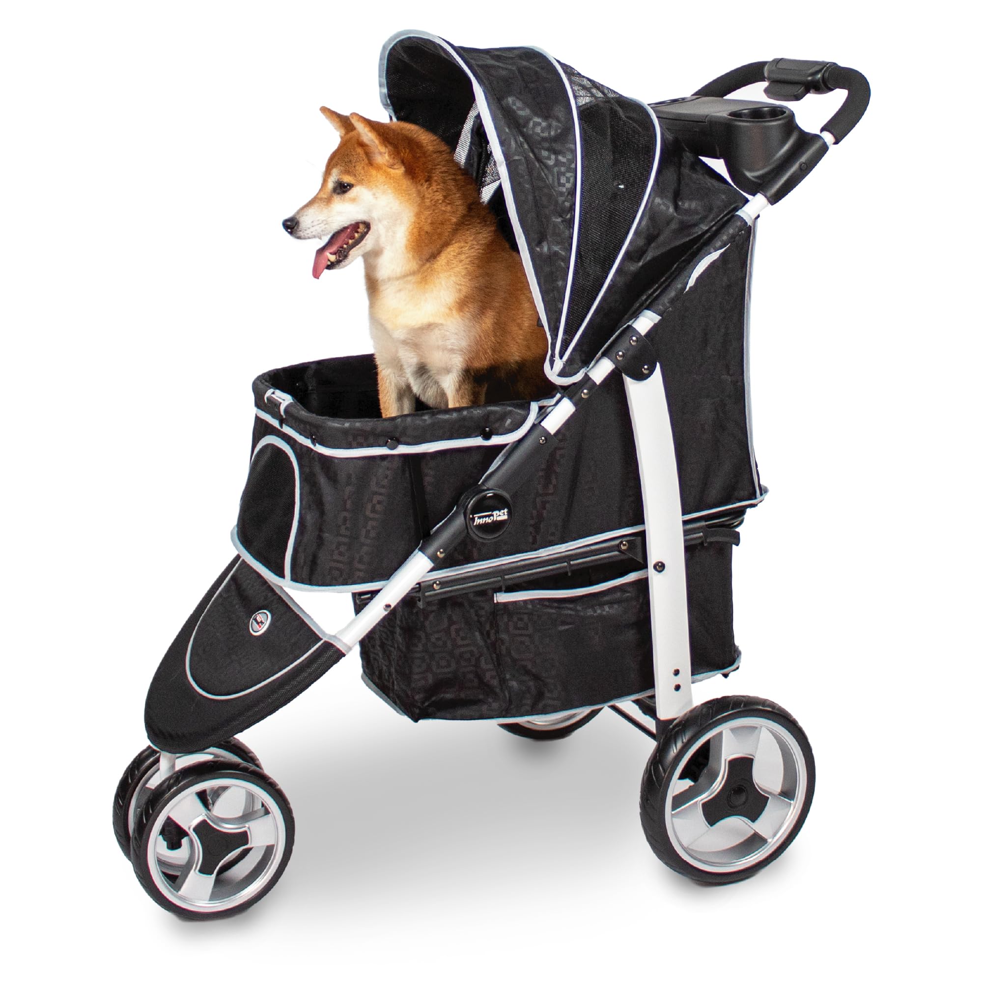Innopet Monaco Passeggino per cani e gatti nero con copertura antipioggia, capacità 25 kg, pieghevole con una sola mano - Cestino portaoggetti convertibile - Cuscino double face