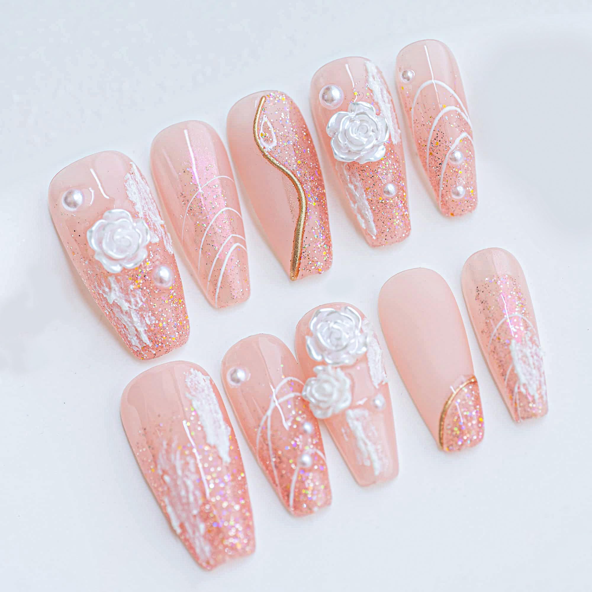 Sun&Beam Nails Handmade Press on Fake Nails Medium Long Nail Tips Popular Design Ballerina Pink 3D Flower Cute Pearl with Storage Box 10 Pcs (#002 L)