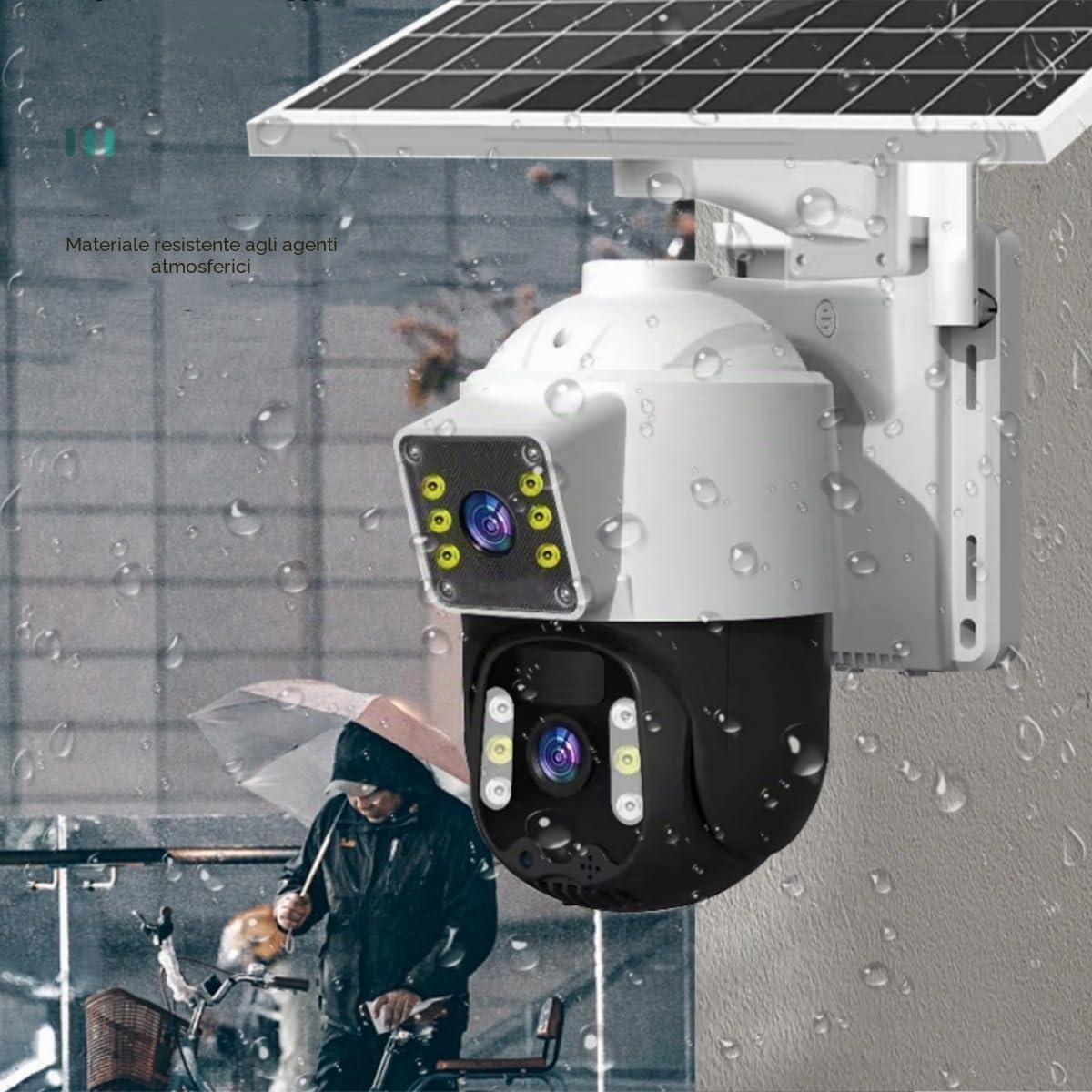 EMEBAY Telecamera Wi-Fi Esterno Senza Fili con Pannello Solare, Videocamera Sorveglianza Esterno Batteria, 6MP/2 Lenti/Rotazione a 360°/Rilevamento Umano/Visione Notturna a Colori/Audio bidirezionale