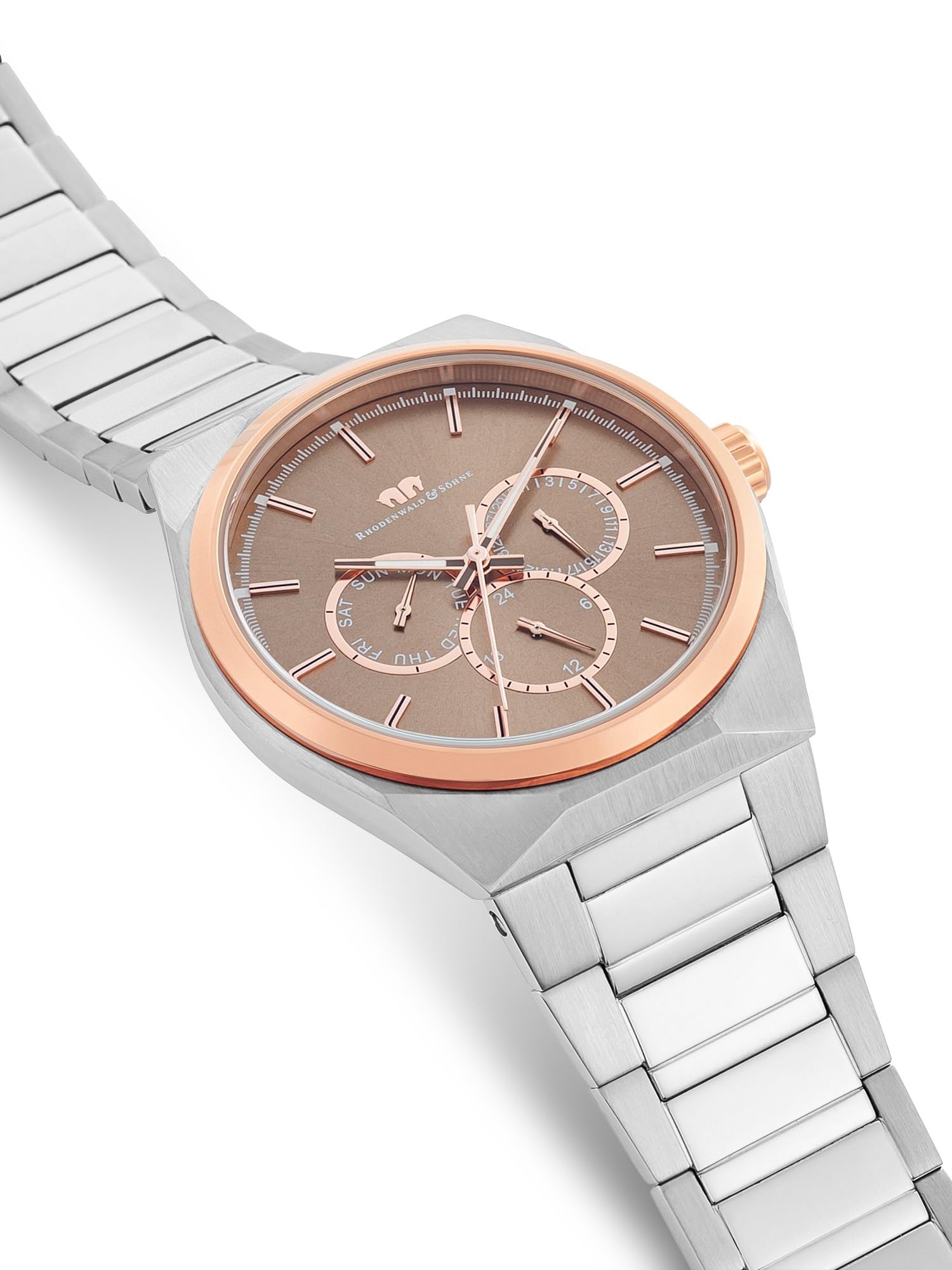 Rhodenwald & Söhne Herren Uhr Edelstahl roségold/Silber Quarzwerk 5 ATM | Edelstahl Armband, silber, Gliederarmband, Multifunktion(en), Zifferblatt bronze, Mineralglas, Armbanduhr
