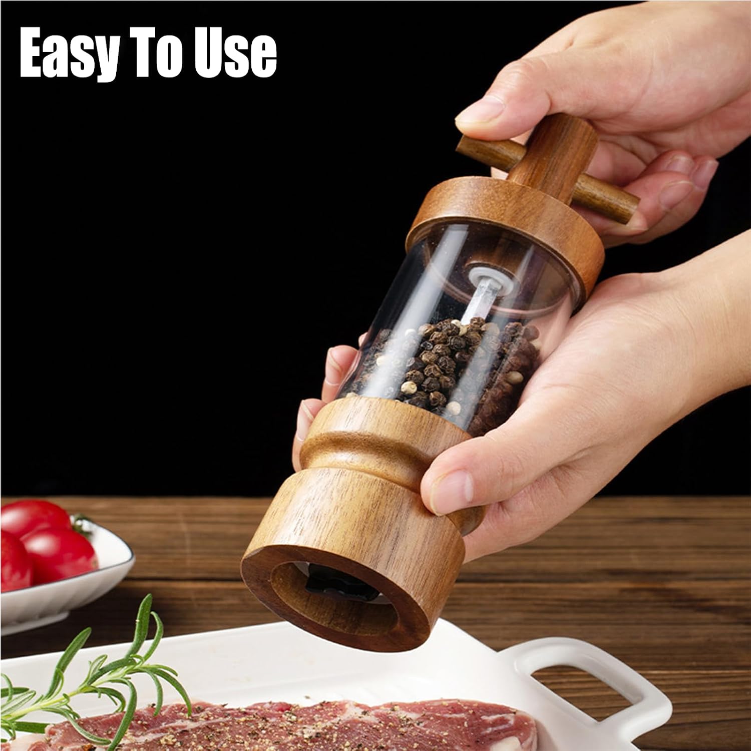 Wooden Pepper Grinder Acacia Wood Manual Mill, 7 inch, Adjustable Coarseness, Kitchen Spice Grinding Tool