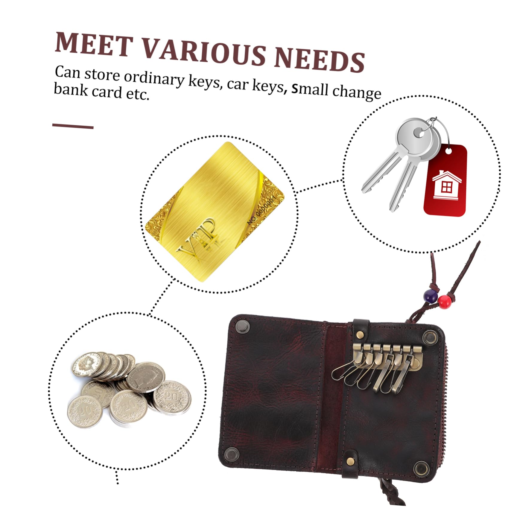 iplusmile caso chiave portafoglio con cerniera custodia per chiavi dal design retrò caso auto zip broun box chiavi portachiavi borsa multifunzionale astuccio per chiavi Brown
