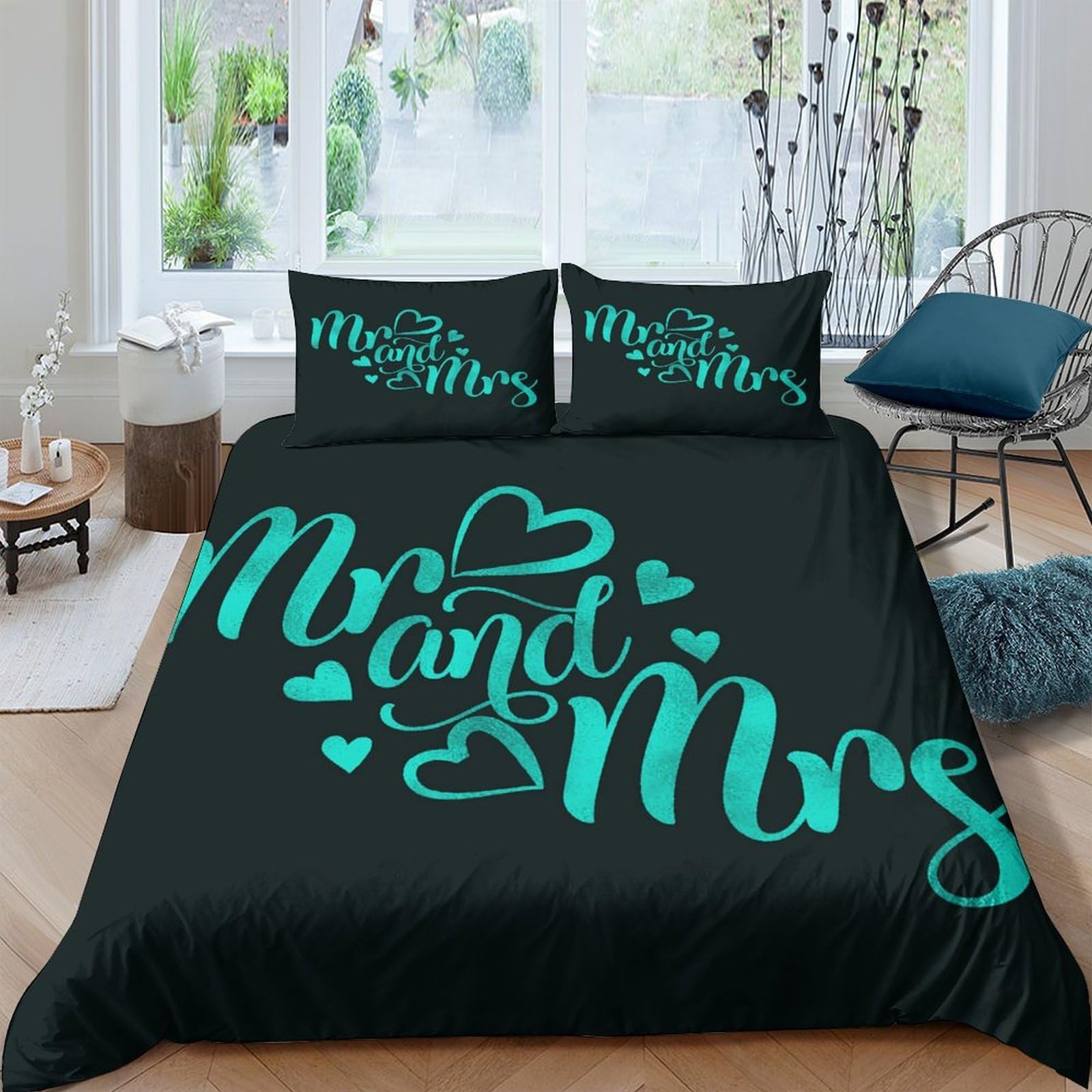 GPLZQXKJNH 3D Printed Mr and Mrs Duvet Cover Set Microfiber Black Teal Wedding Bedding Set with 2 Pillowcases for Bedroom Decor Single（135x200cm）