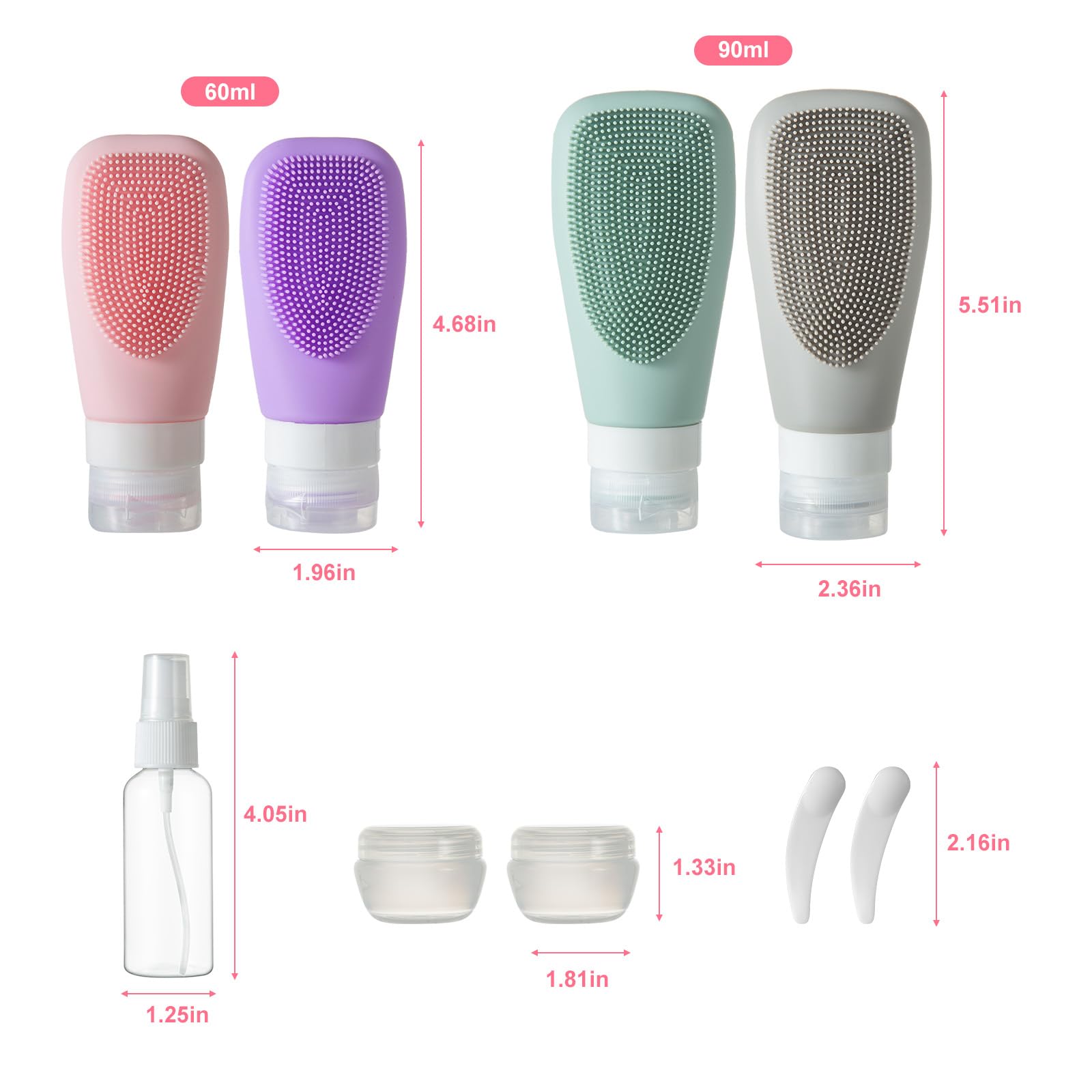 Reiseflaschen-Set, Silikon-Reiseflaschen, auslaufsicher, quetschbar, nachfüllbar, Zubehör, 60 ml, für Toilettenartikel für Shampoo, einfach zu drücken, tragbare Reiseutensilien mit Gesichtsbürste, 11