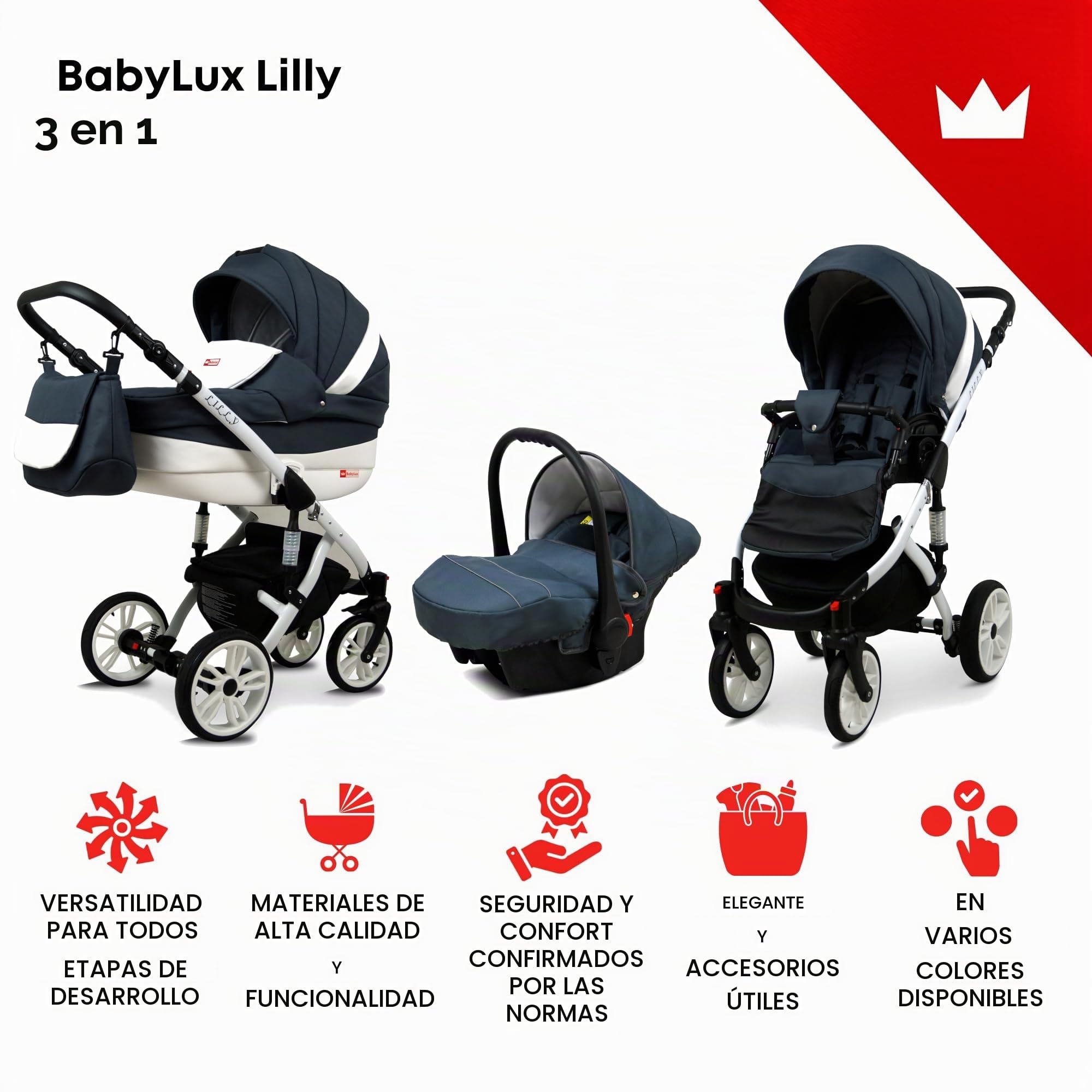 BabyLux® Carrito de Bebé Sistema de Viaje Set 3 en 1 - Lilly - incl. Capazo, Silla de Paseo, Silla Coche - Cochecito - con Bolso cambiador, Cubierta para la lluvia, Mosquitera etc.