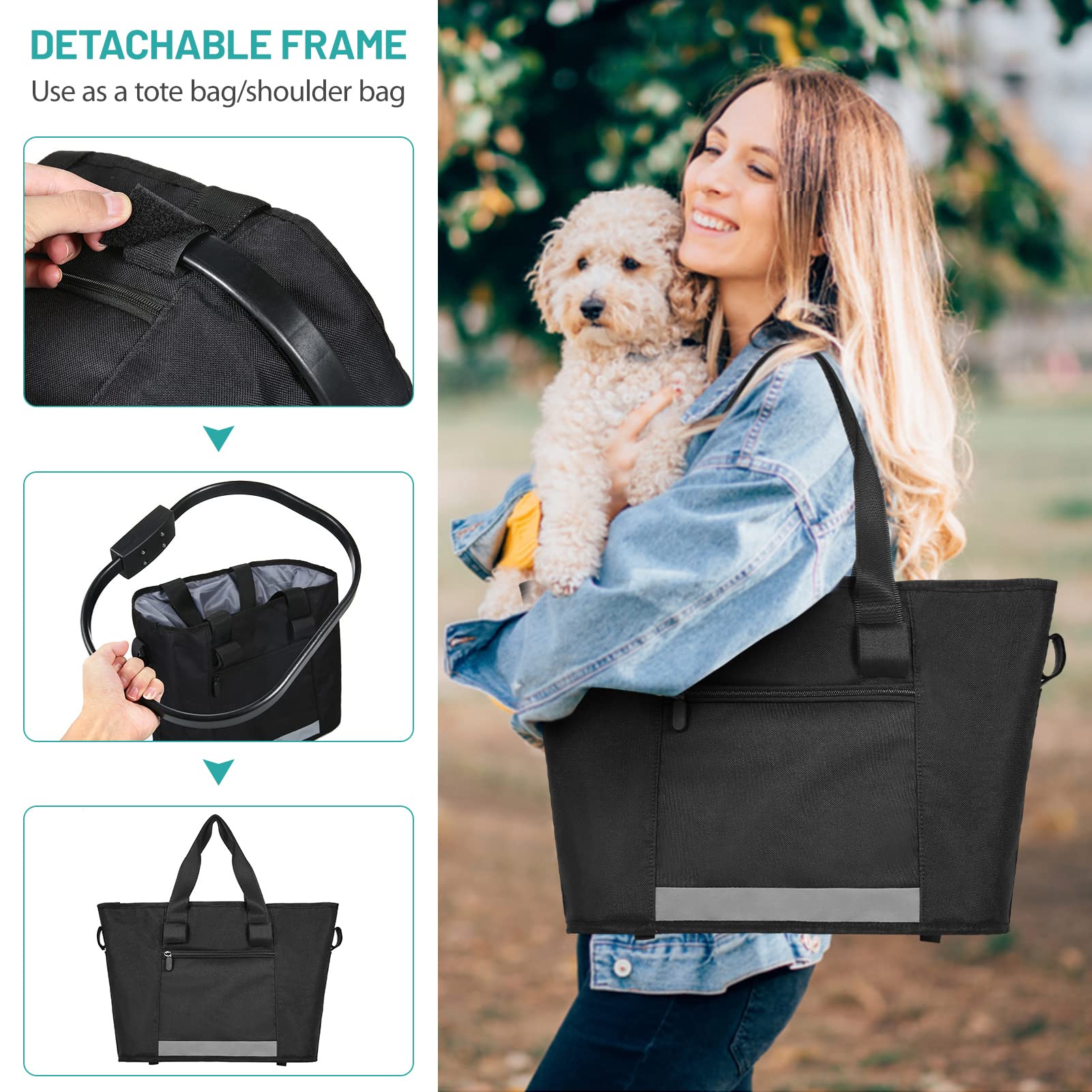 Cesta de lona Decooler. Cesta extraíble con marco de aleación de aluminio para manillar de bicicleta, ideal para transporte de mascotas, negro