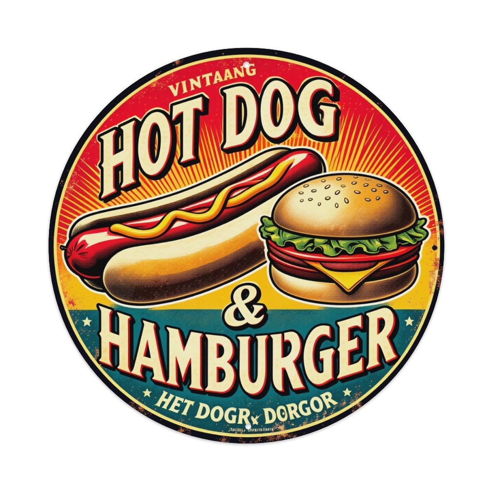 Hot Dog And Hamburger Sign Round Tin Sign Vintage Metal Poster, Home Bar Garage Man Cave Cafe Indoor & Outdoor Wall Decoration 8x8Inches