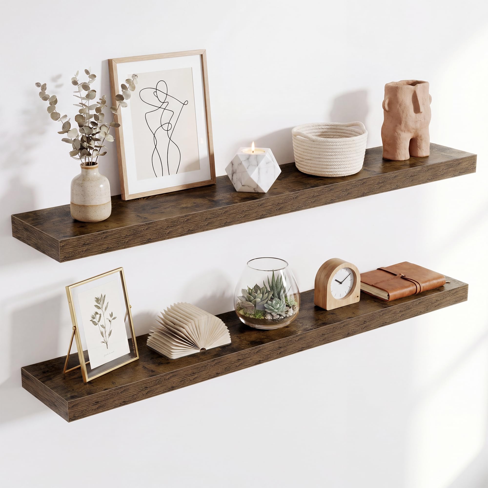 Acovy Floating Shelves for Wall, Extra Thick 100cm Long Wooden Wall Mounted Shelf, Wall Shelves for Living Room Bathroom Bedroom Kitchen, Vintage Brown, Set of 2