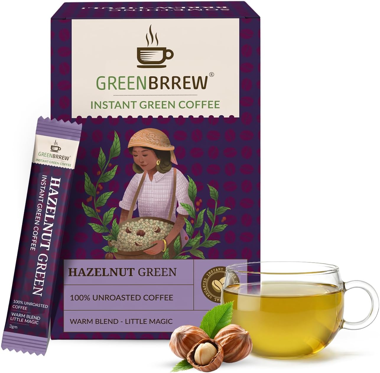 Greenbrrew Hazelnut Instant Green Coffee - 20 Easy Mix Sachets, Pack of 1 (60g)