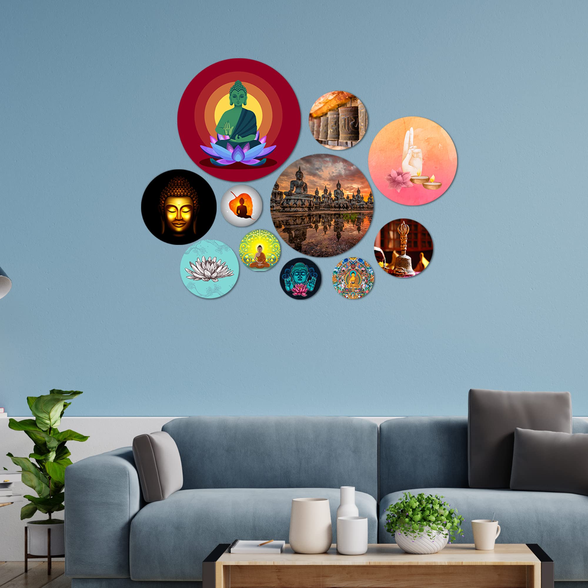 Artvibes Spiritual Buddha Meditation Round Shape MDF Wooden Wall Decor Items | Wall Art Painting For Hall | Wall Paintings | Handcrafted Art | Ethnic Wall Decor | Gift Items (WPS_110NN), Set of 11 1