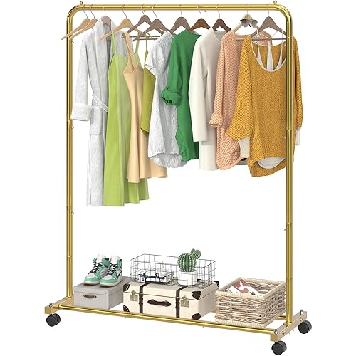 Simple Trending Standard Clothes Clothing Garment Rack with Storage Shelves, Rolling Clothes Organizer on Wheels for Hanging Clothes, Golden Yellow