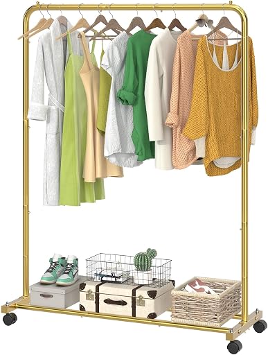 Simple Trending Standard Clothes Clothing Garment Rack with Storage Shelves, Rolling Clothes Organizer on Wheels for Hanging Clothes, Gold