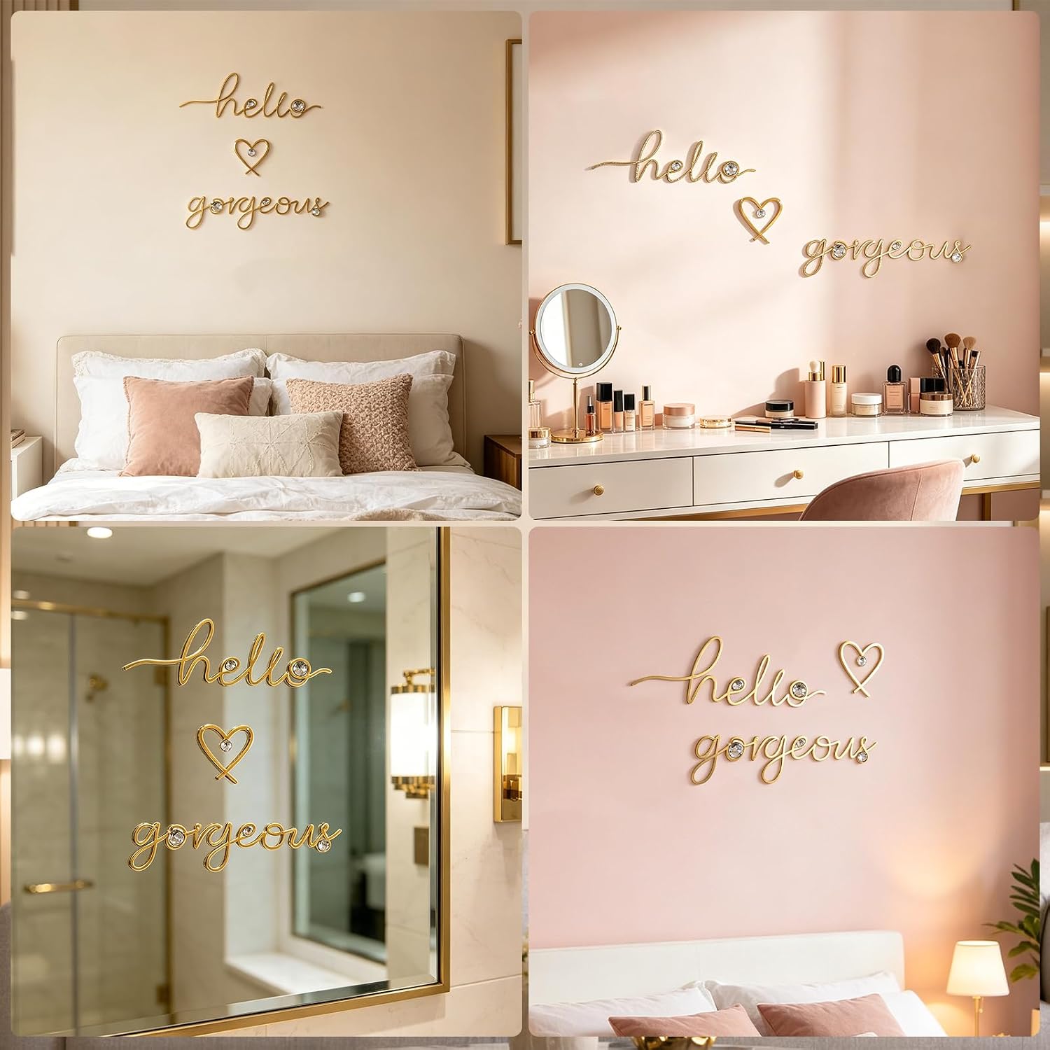 ZEXUIRU 3 Pcs Hello Gorgeous Metal Art for Wall Decor Living Room Bathroom Bling Modern Elegant Minimalist Heart-Shaped Silhouette Wall Art Signs Pieces Beautiful - Gold