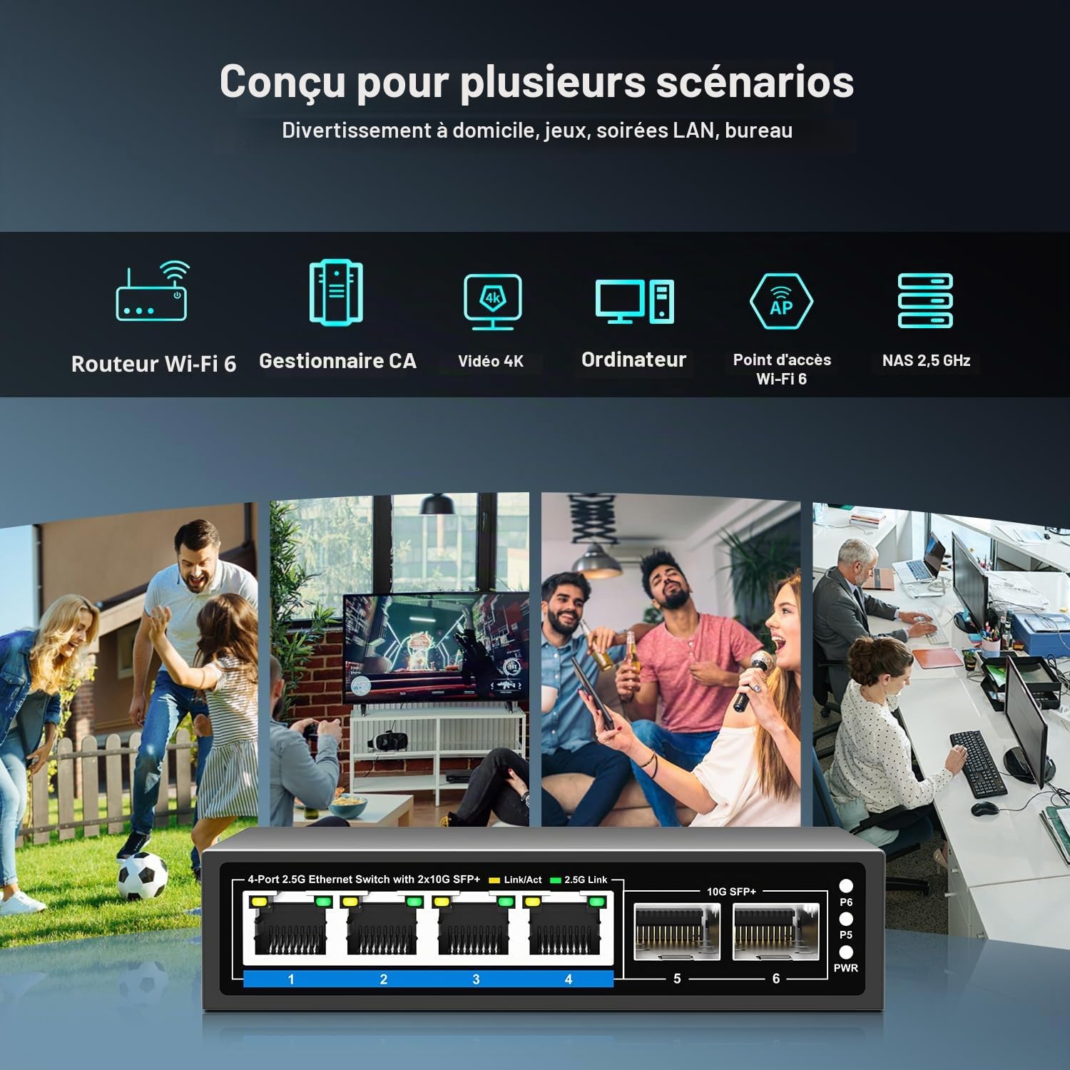 Switch Ethernet Non géré à 6 Ports de 2.5Go avec 4 Ports Base-T 2.5G, 2 Ports SFP+ 10G. Switch réseau GiGaPlus 2.5 Gbit/s pour NAS/PC 2.5Gbit/s, routeur WiFi6, Point d'accès sans Fil, Plug and Play
