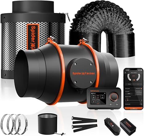 Spider Farmer Smart Air Filtration Kit 6", Inline Duct Fan, GGS Temperature Humidity Controller with WiFi App Control, Carbon Filter Combo, 25Ft Ducting, Ventilation System for Grow Tent, Hydroponics