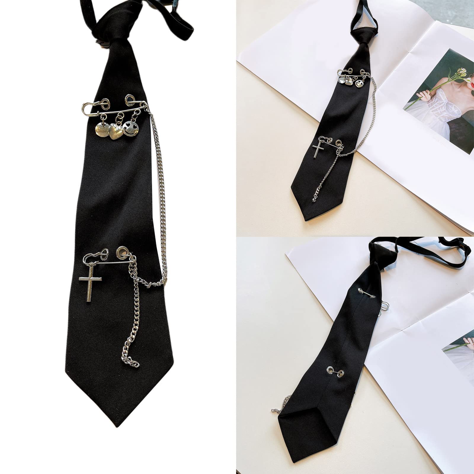 Gothic Tie For Women Punk Metal Chain Crosses Pin Necktie