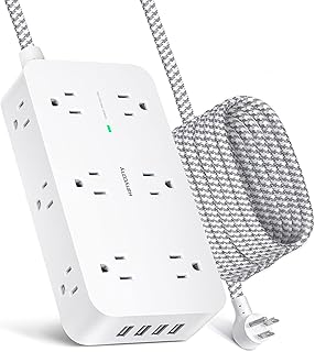 10Ft Long Extension Cord, Power Strip Surge Protector Flat Plug with 3 Side 12 Outlets 4 USB Ports, Overload Surge Protection, Wall Mount, Outlet Extender for Office Home, ETL Listed