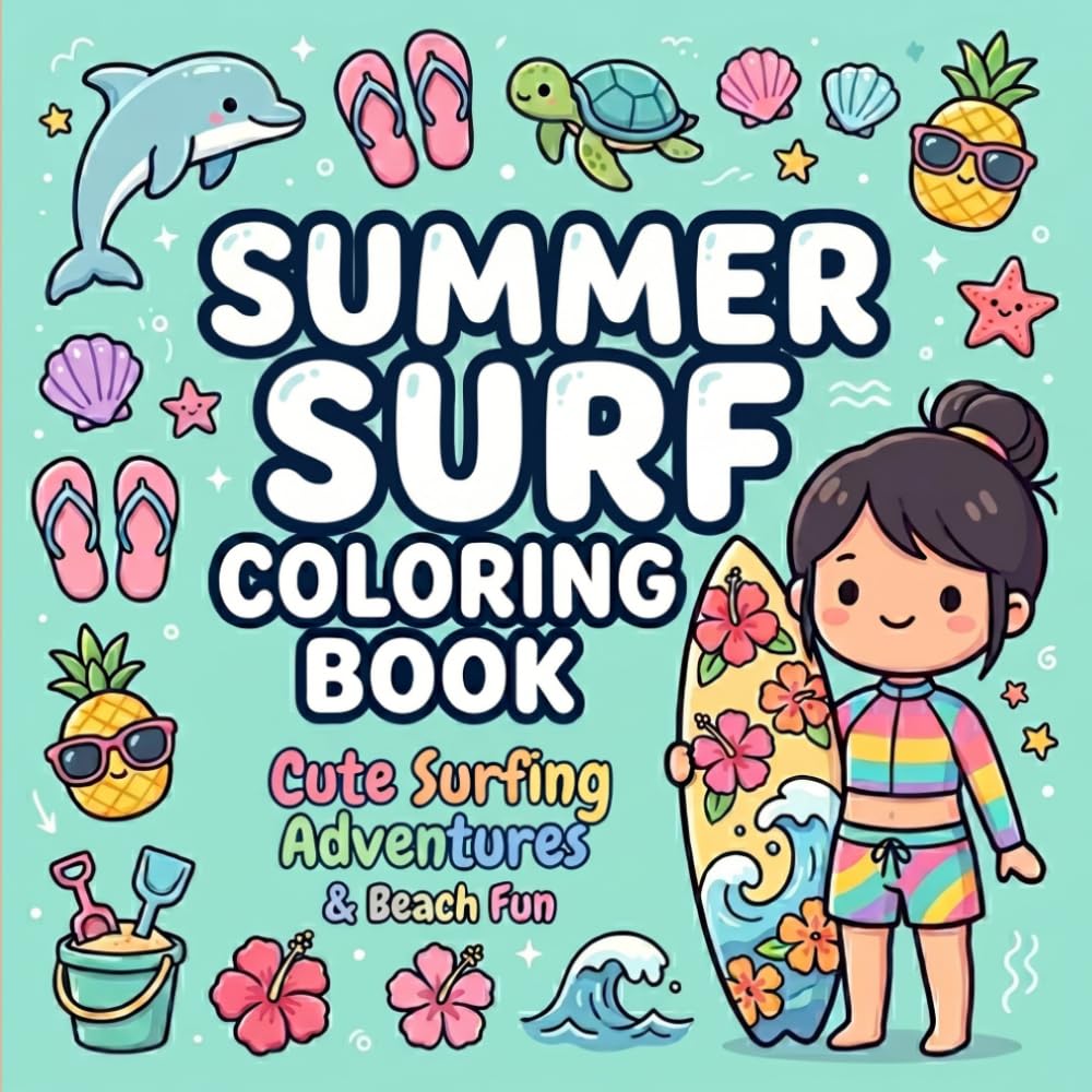 Summer Surf Coloring Book for Kids: Subtitle: Cute Surfing Adventures, Beach Waves, Ocean Friends, Summer Vacation Fun and Easy Coloring Pages for Kids Ages 4-8