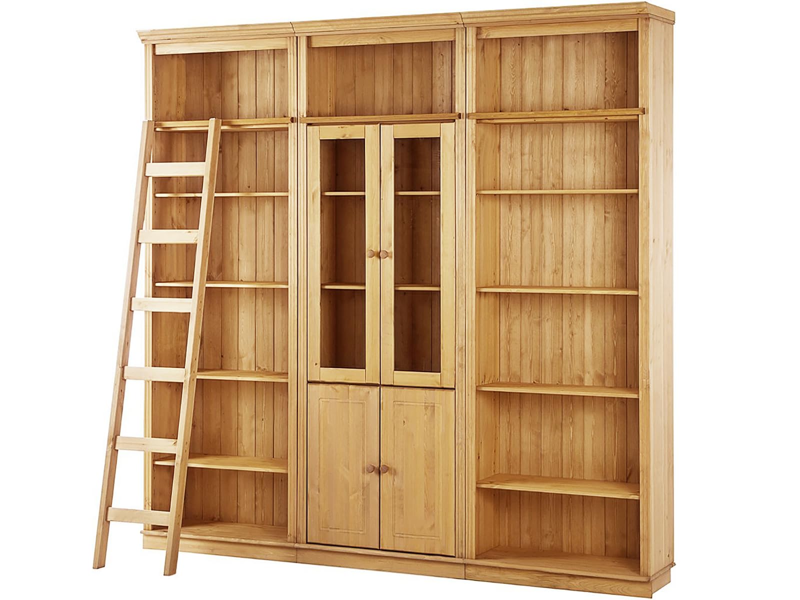 Anita Wall Unit D with 3 Bookcases, 2 Glass Doors, 2 Wooden Doors and 1 Ladder in Stained Wax, 34 x 223 x 222 cm (D x H x W)