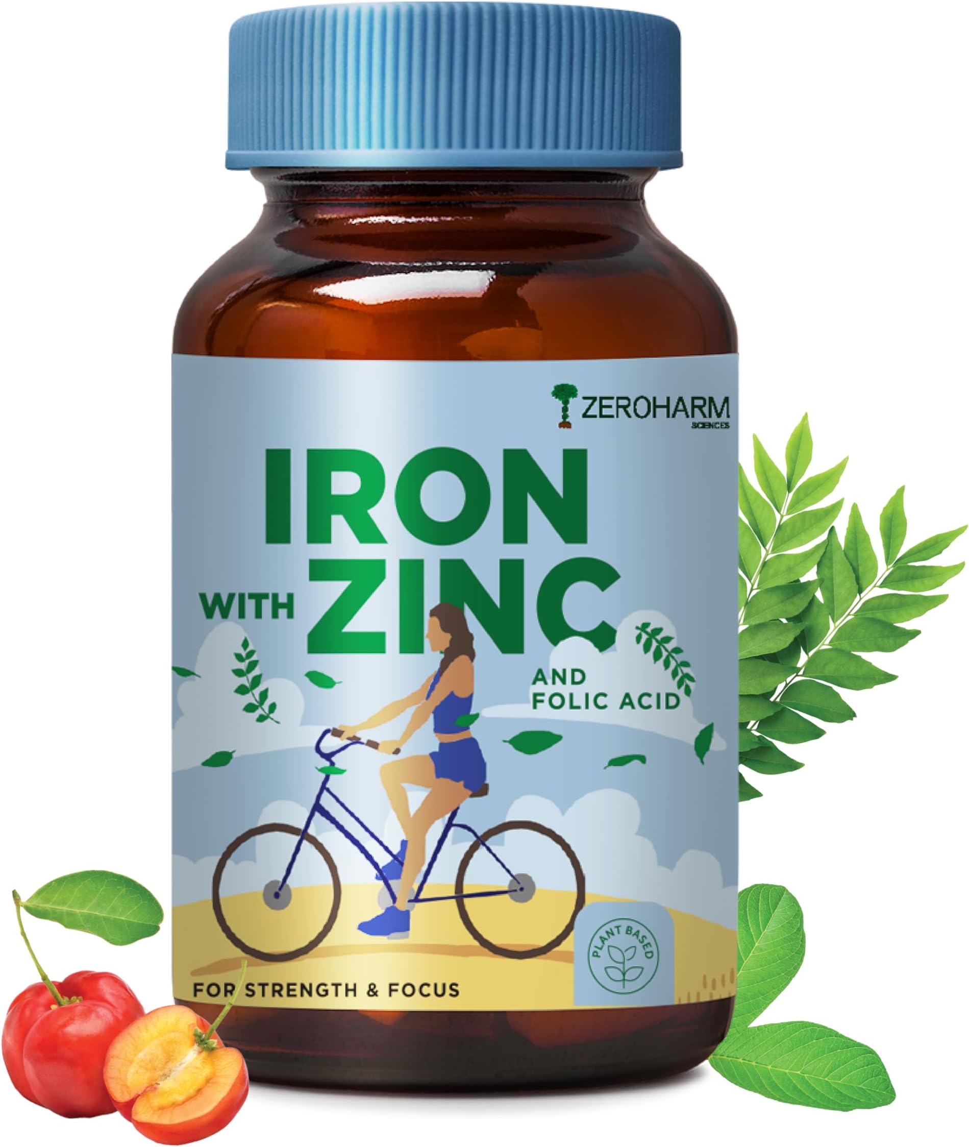 ZEROHARM Iron, Zinc, Folic Acid & Vitamin B12 Tablets - Nano Formulated for High Absorption - Energy, Immunity, Skin, Hair & Daily Wellness Support - Plant Based Supplement for Men, Women - 60 Tablets