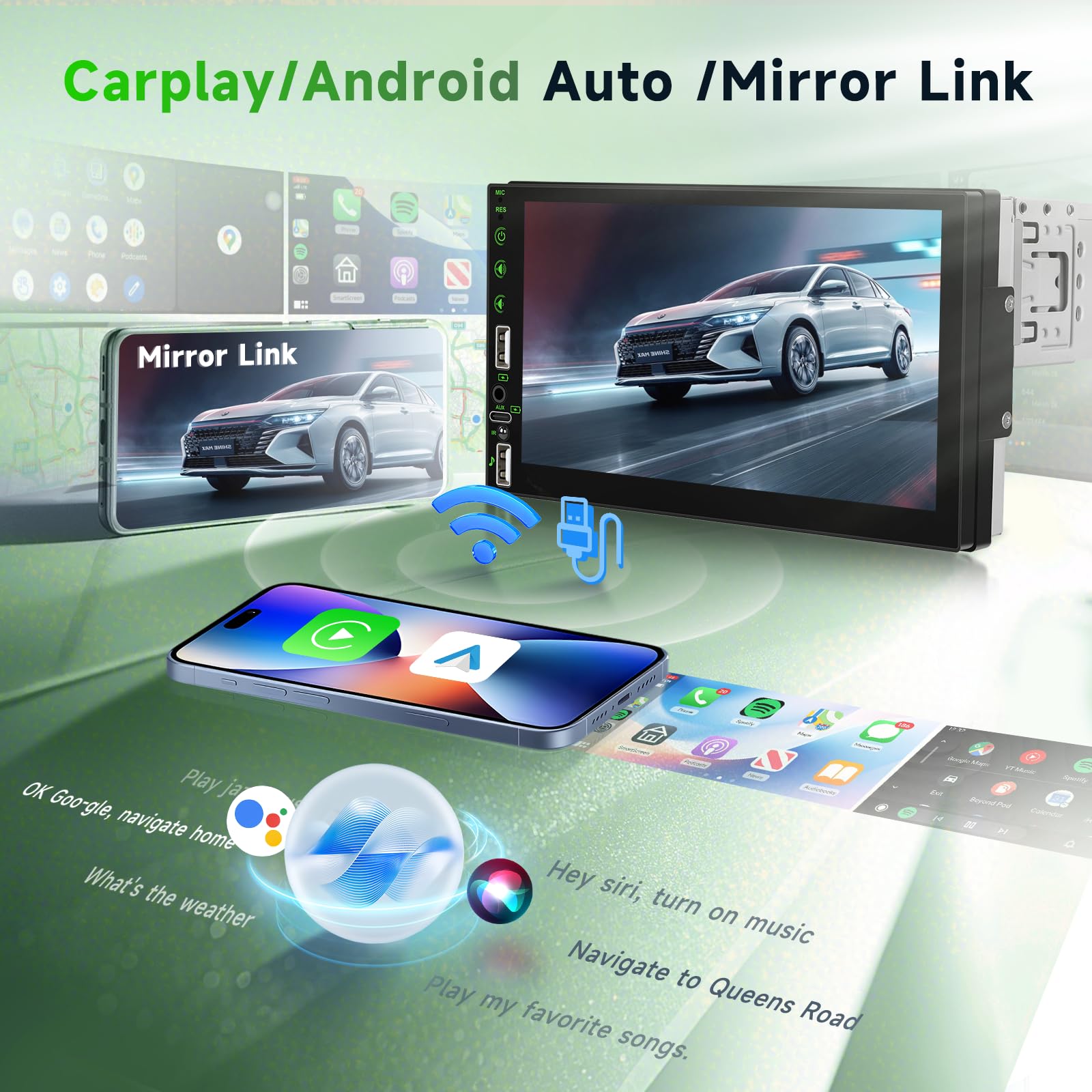 Hodozzy Autoradio 1 Din Carplay sans Fil Android Auto, Écran Tactile de 7 Pouces 1 Din Bluetooth Poste Radio Voiture avec Lecture Vidéo en Ligne, Radio FM, EQ, SWC, Mirror Link, USB/Type-C+ Caméra