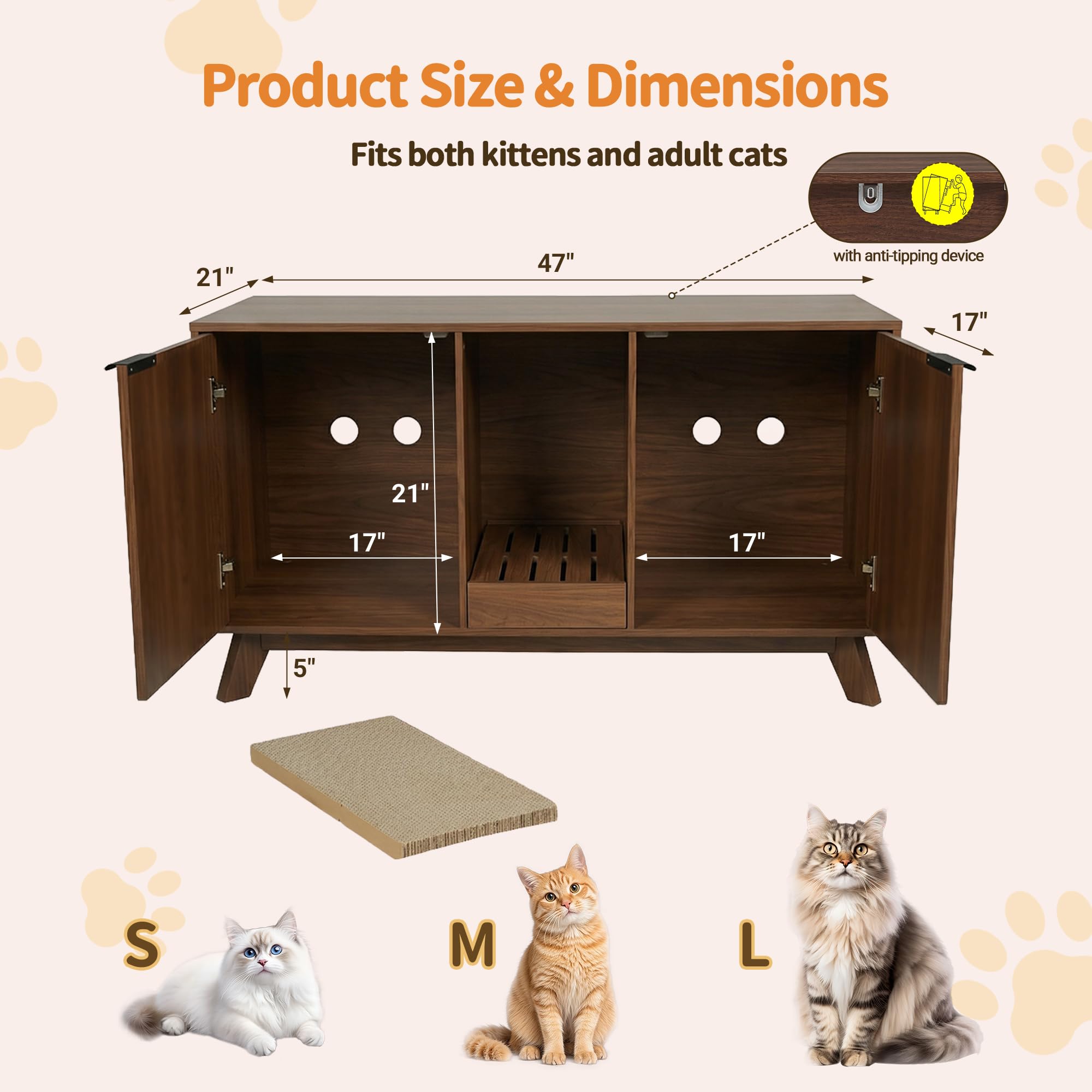 Double Cat Litter Box Enclosure for 2 Cats,Fluted Hidden Litter Box Furniture with Litter Collector & Scratch Pad,47" Large Enclosed Cat Cabinet,Cat House,TV Stand,for Living Room,Walnut - image 2