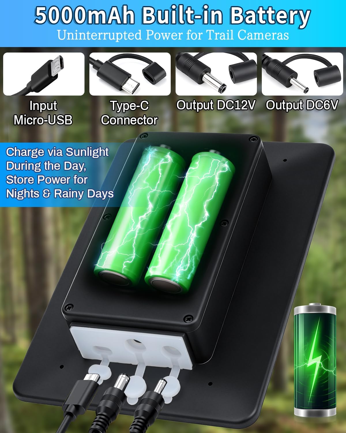 Trail Camera Solar Panel, 3W Solar Panel Charger with 5000mAh Battery and 12V/1A 6V/1.5A USB-C & DC Port 9.8ft Cable, IP65 Waterproof Solar Panel for Trail Camera,Game Cameras, Hunting Accessory