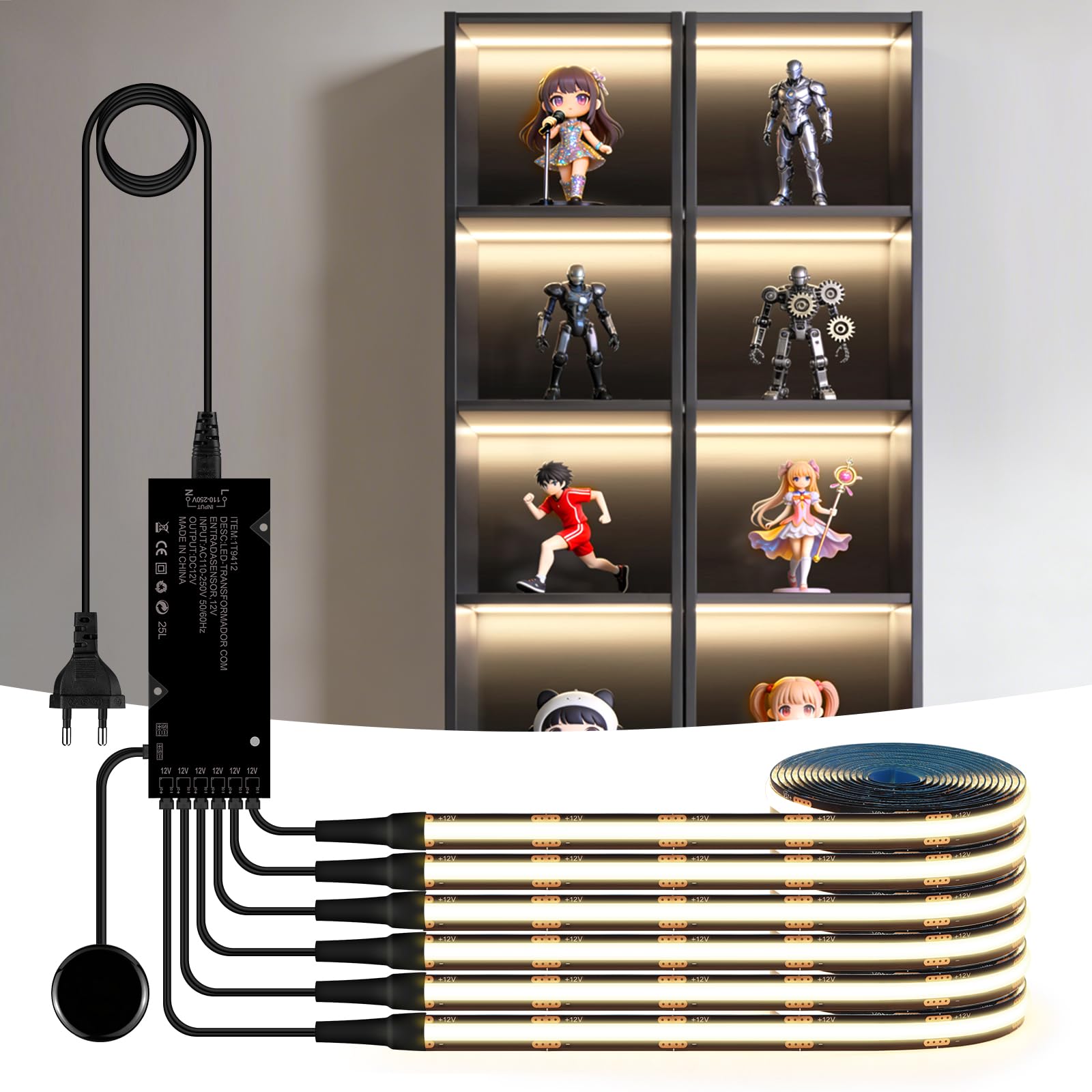 Tira LED COB,6 rodillos de iluminación para muebles con regulador táctil y detección de barrido de mano,tira LED COB cortable de 12V para vitrinas,bodegas,cocinas y estantes (2M, Blanco Natural)